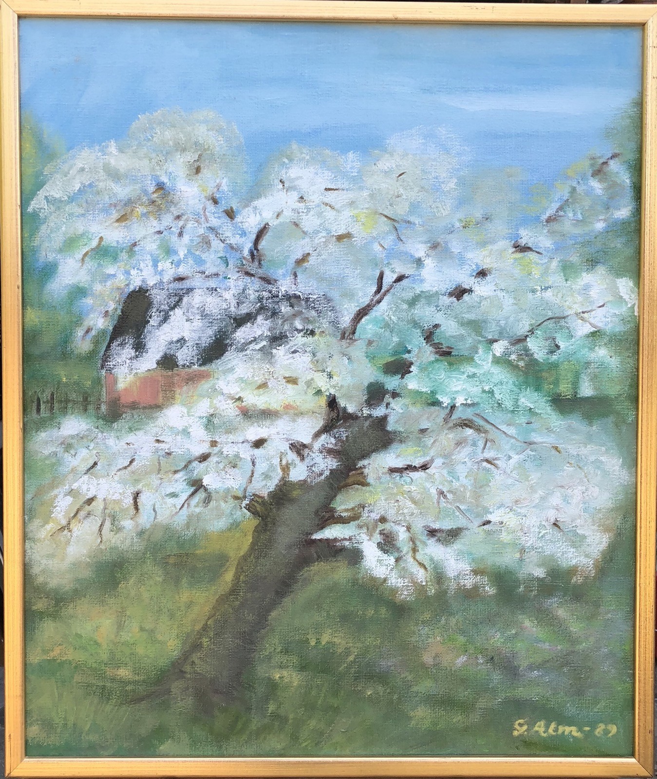 Unknown Painter – Landscape With Blooming Fruit Tree And Red House – 1989