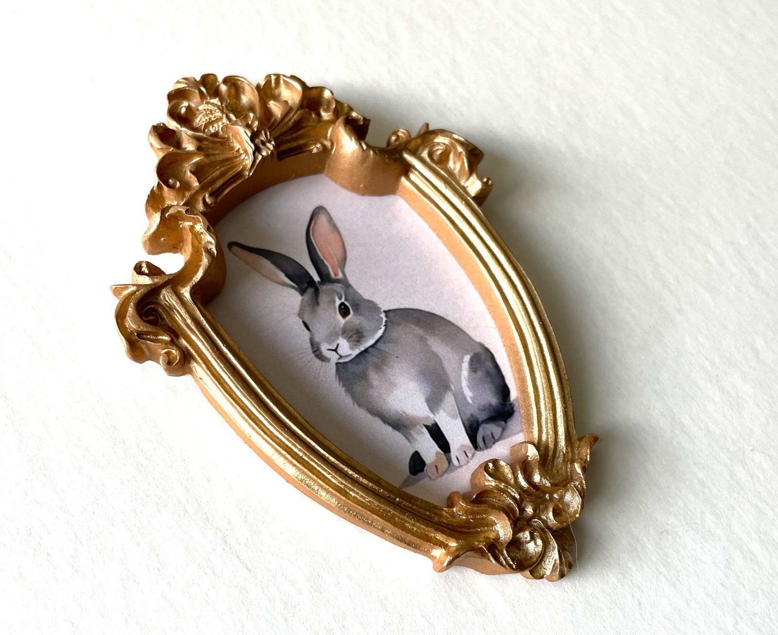 Gray Bunny Rabbit Framed Miniature Mini ART PRINT Gold Ornate Frame NOT ACEO