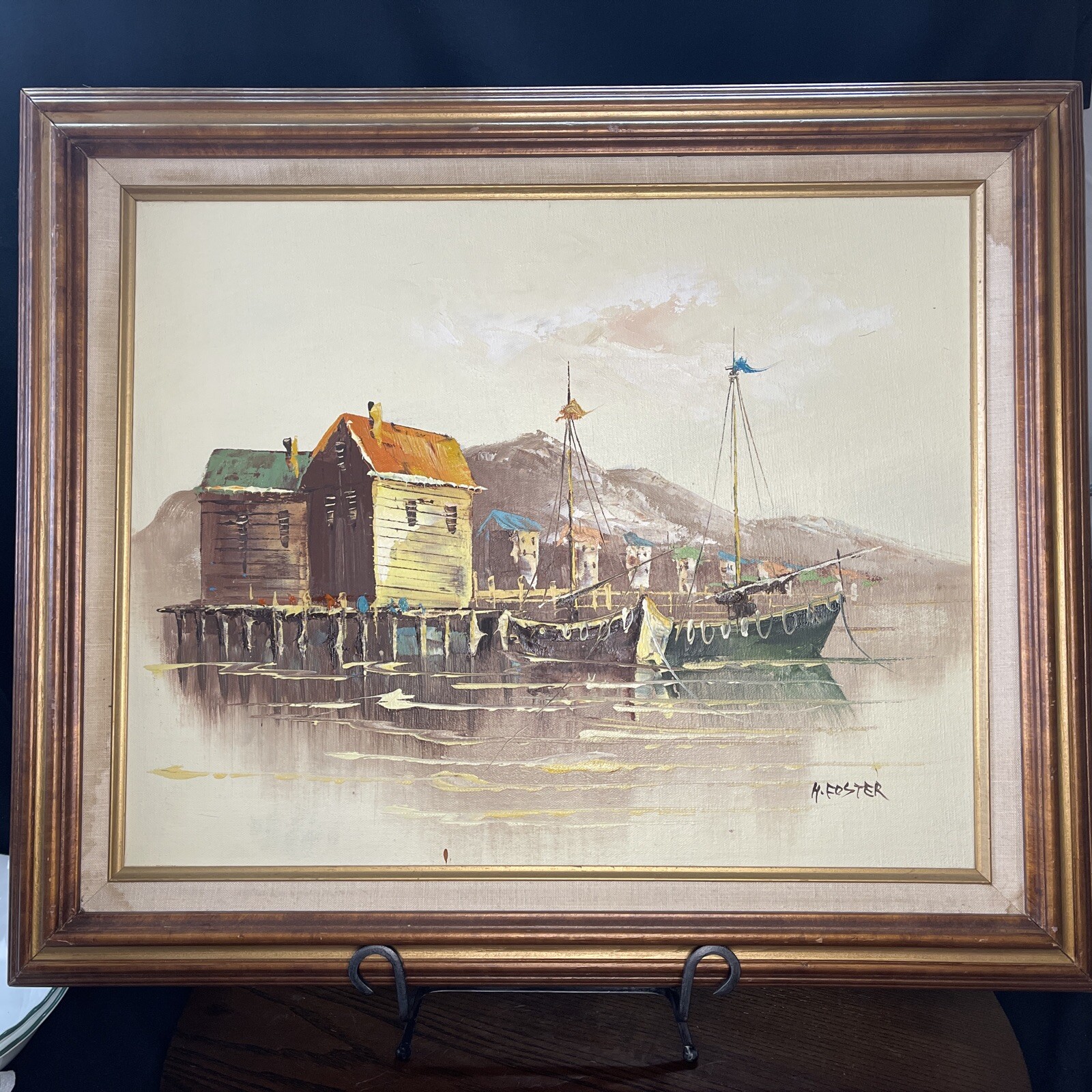 M. Foster – Fishing Boats Ships Harbor Scene Oil on Canvas Painting – Signed