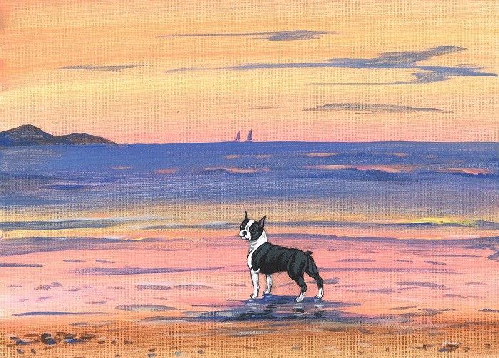 ACEO PRINT OF PAINTING RYTA BOSTON TERRIER SEASCAPE OCEAN BEACH ART Decor Dog 🌊