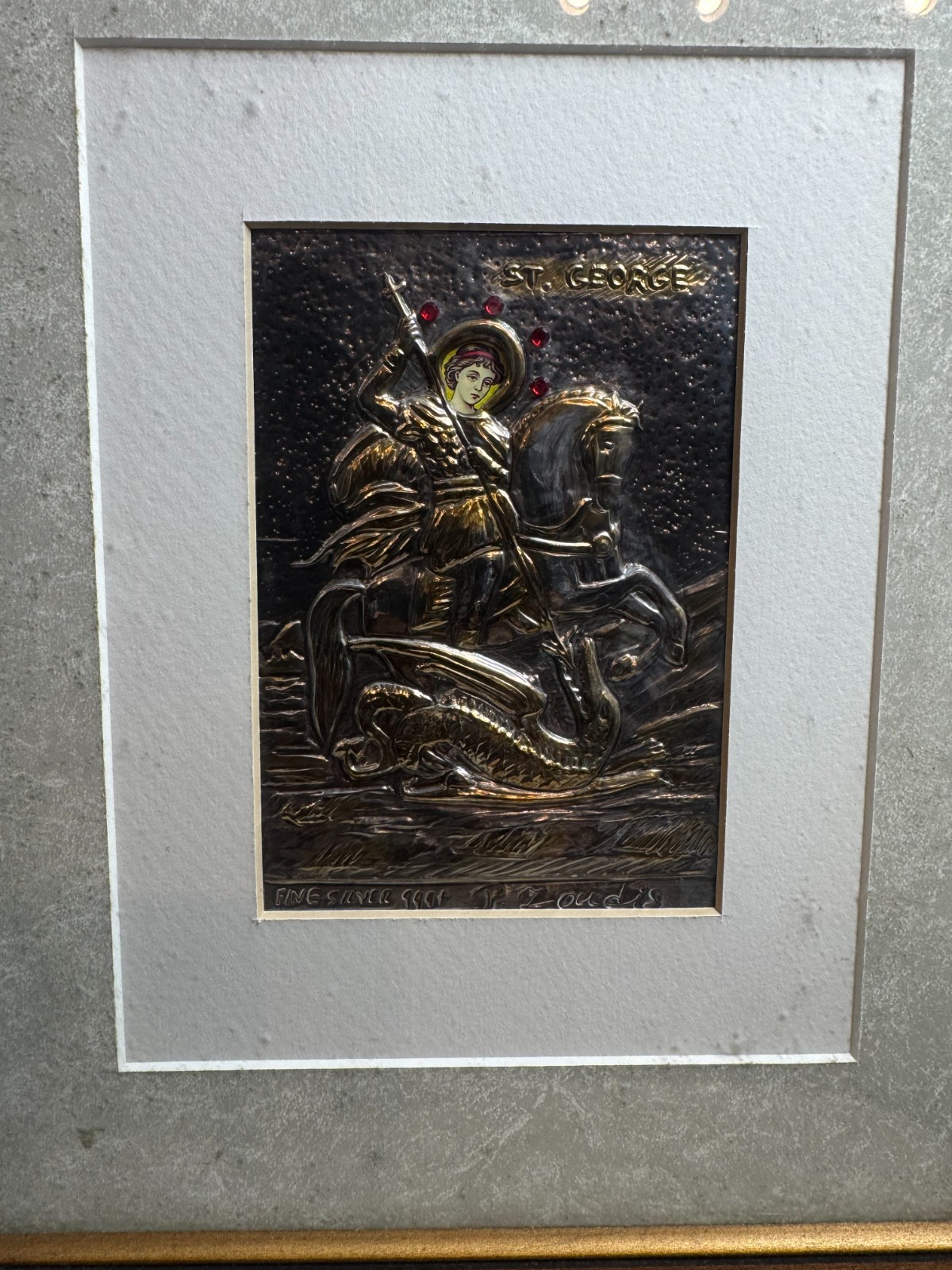 Peter Zoudis St George Fine Silver 999+ 24k Gold Relief Icon Framed Ruby COA