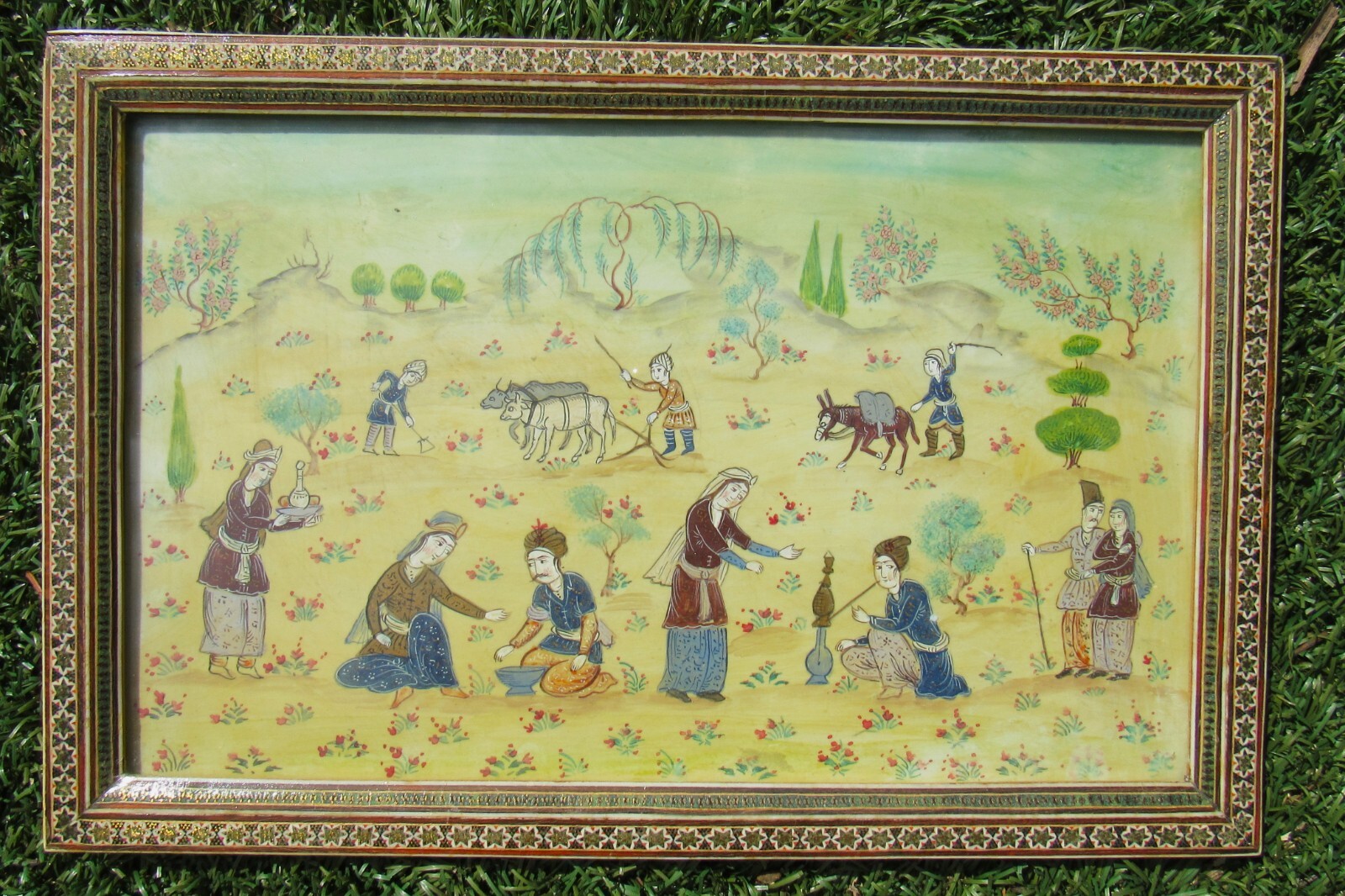 Beautiful Antique Vintage Framed Mughal Painting Handmade Indian Mughal Islamic
