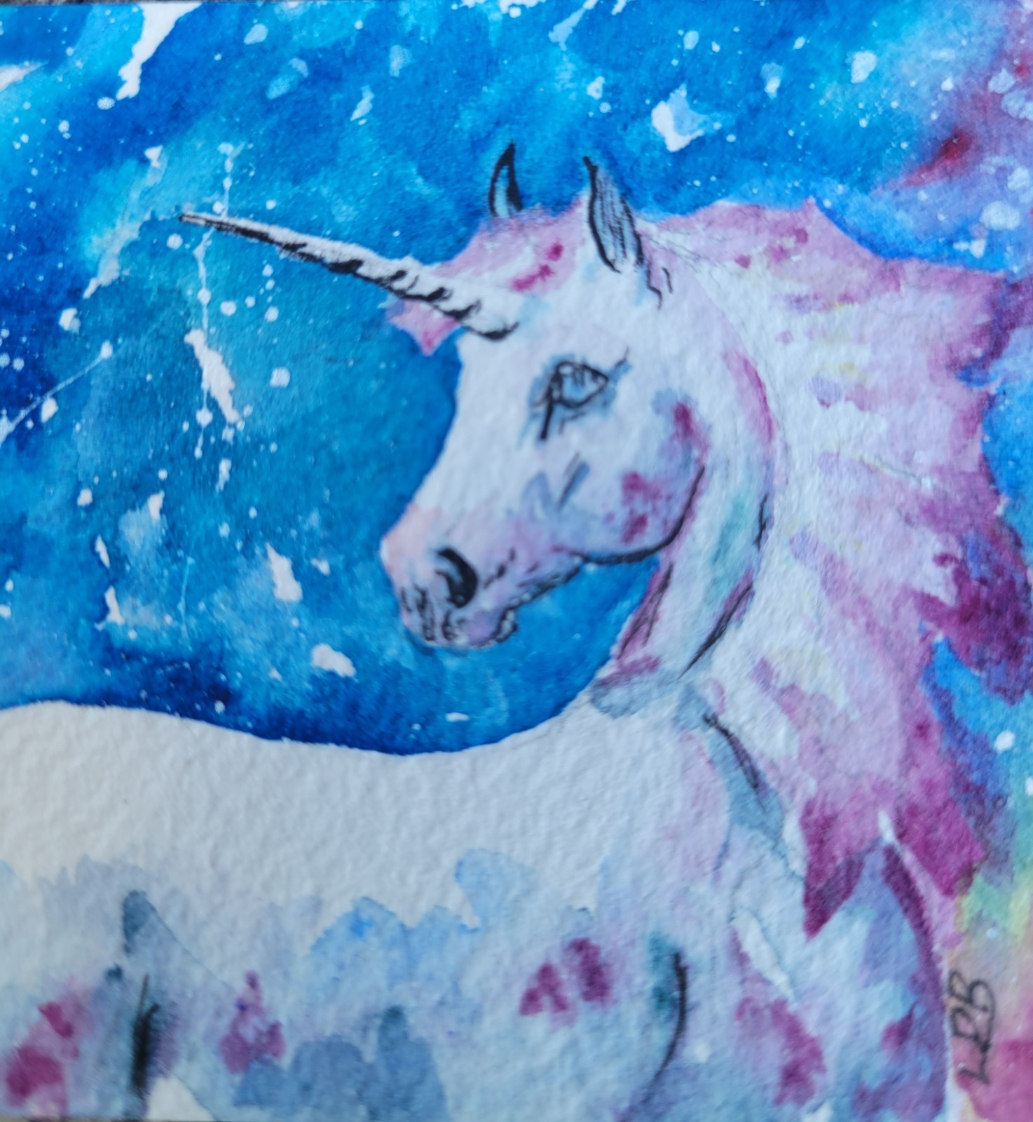 ACEO OOAK Watercolor Unicorn Night Sky Stars Moon Diane Bentley ACEO Moon