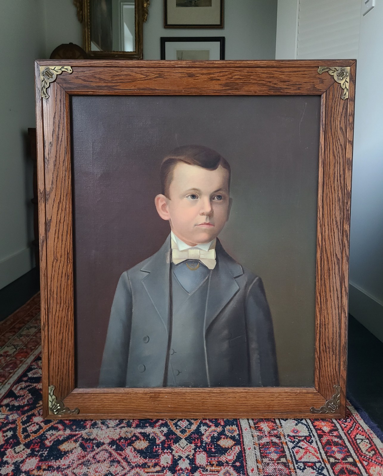 Antique 19th Century Oil Painting Portrait of a Young Boy in a Suit