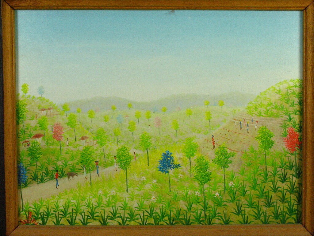 JEAN LOUIS SENATUS Haitian Artist Farm Scenes Oil Paintings on Masonite Board