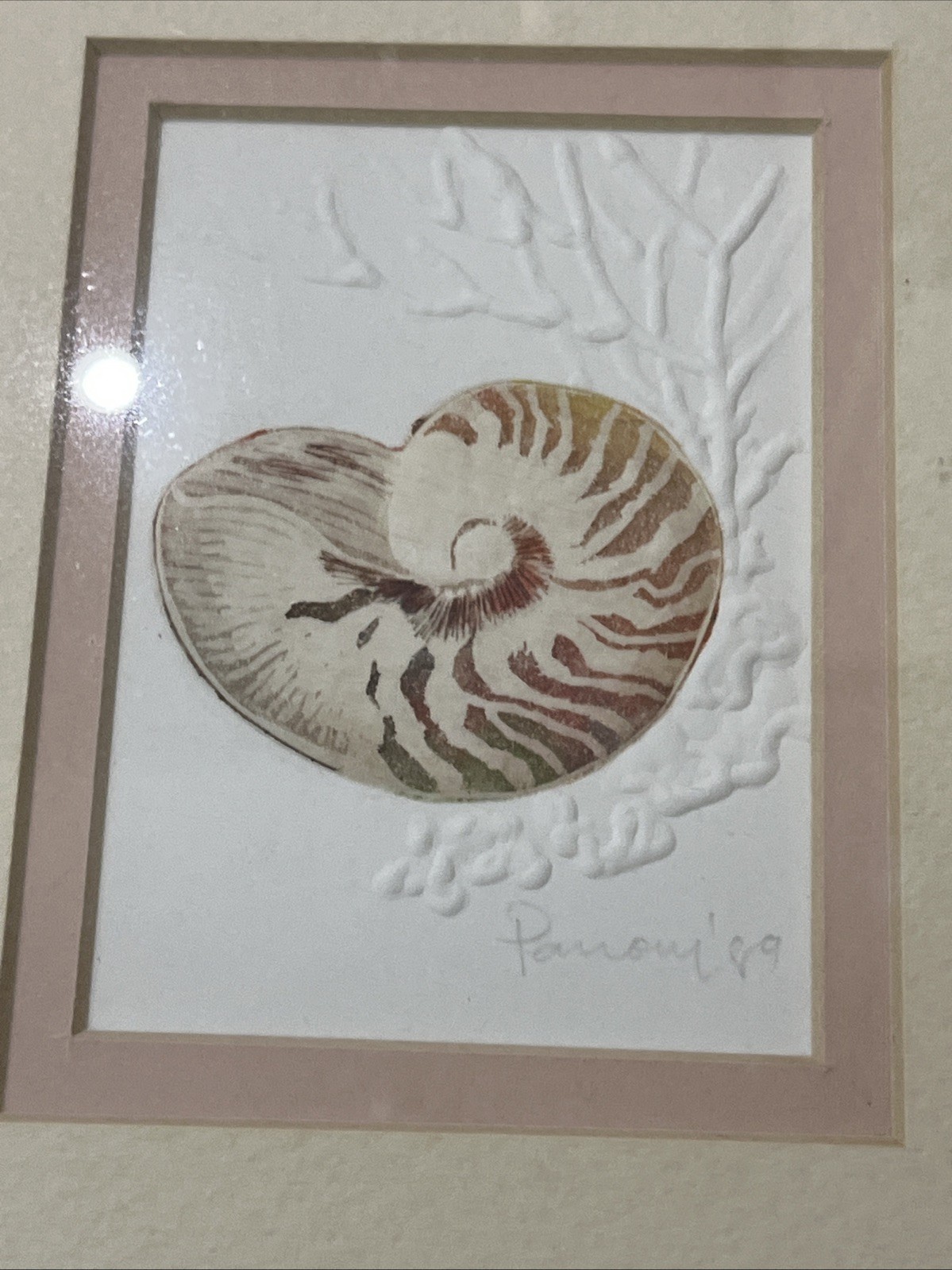 3 Vtg Matted Framed Signed And Dated Embossed Paper With Watercolor Seashells