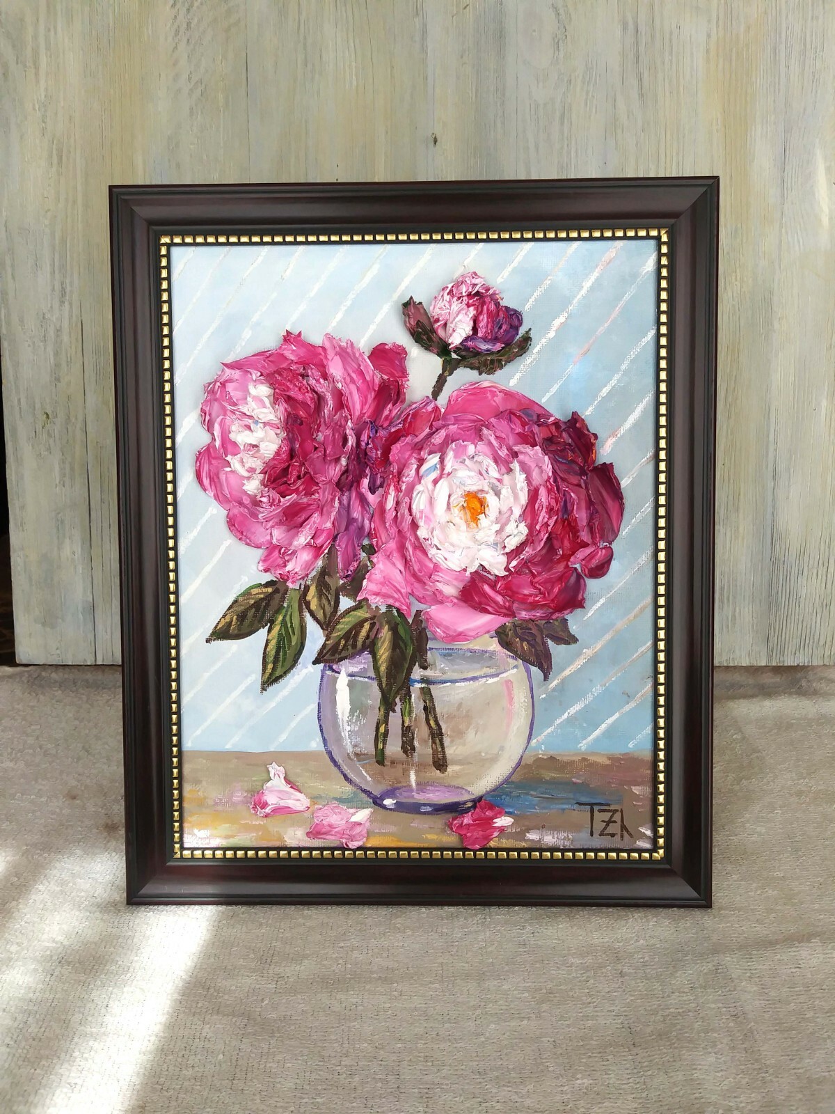 Pink Peonies Framed Original Textured oil painting Floral still life #04-214
