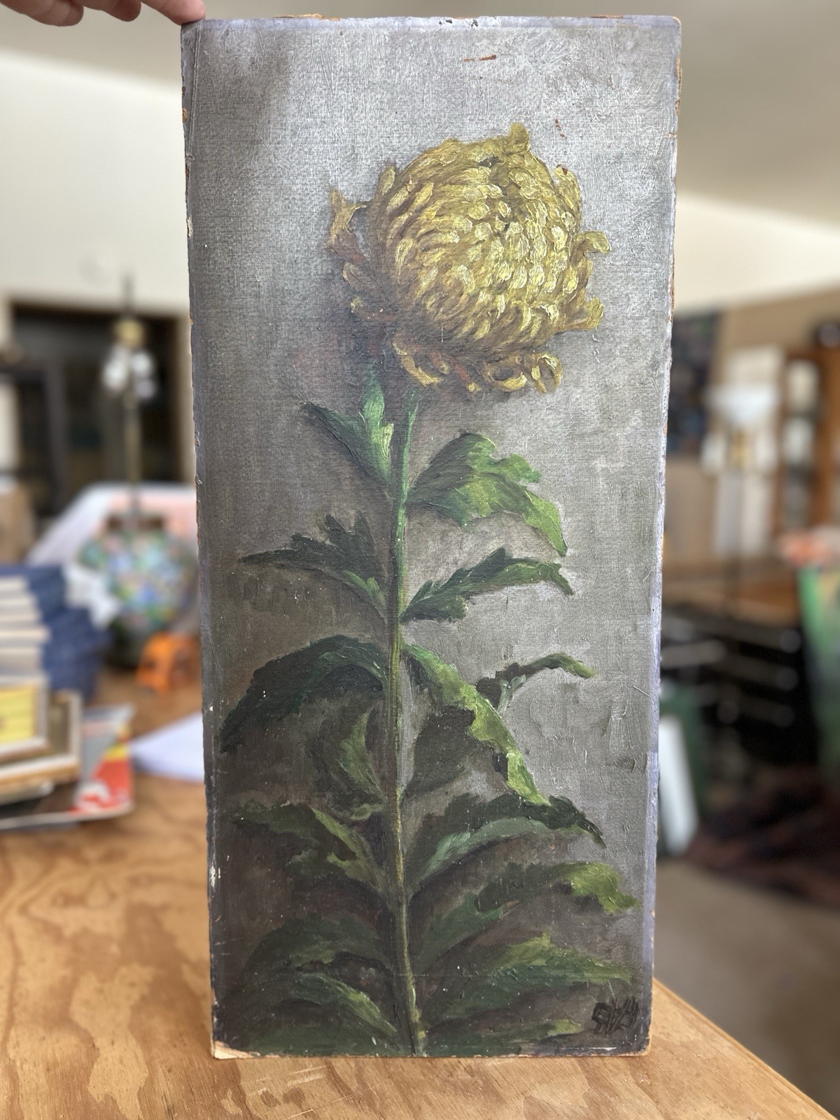 Original Vintage Yellow Chrysanthemum Flower Floral Art Painting Cottage Charm