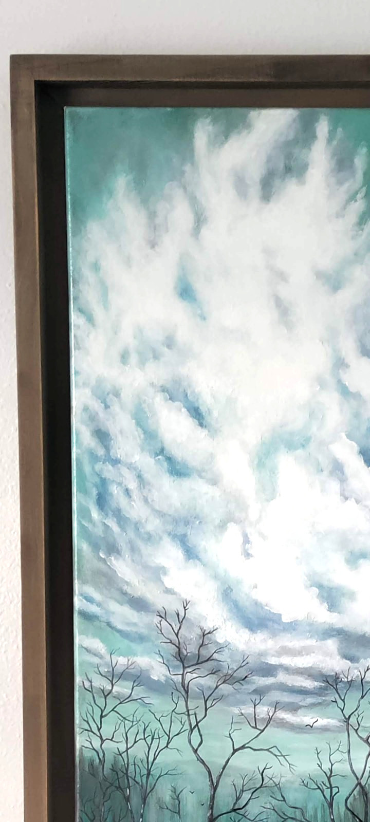 Original Expressionist Forest and Clouds 12 x 24 Acrylic Painting Framed