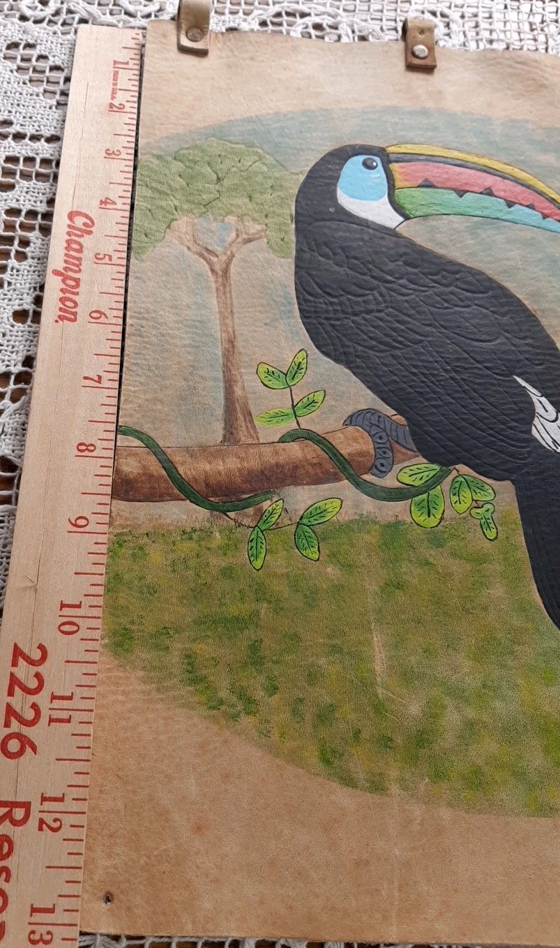 Vintage Toucan Bird Vibrant Painting On Leather Wall Hanging 13″x 9″ Ecuador
