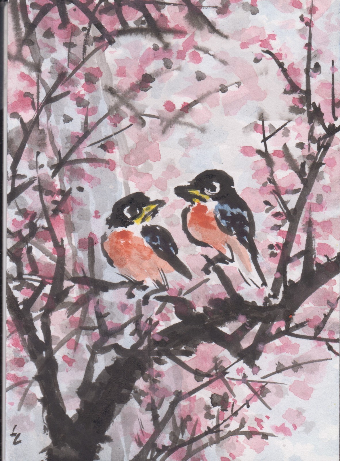 LinLi888 Art ACEO Original Watercolor Painting 2 Birds 25122805