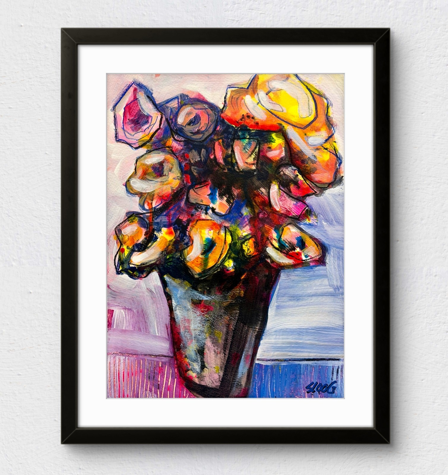Sloog Original Art Expressionism Modern Painting on Paper 9×12 Abstract Flowers