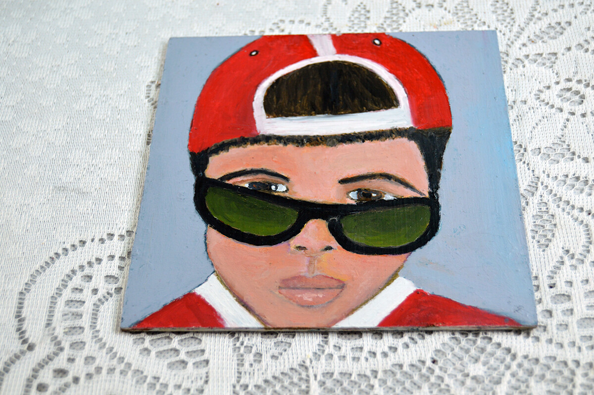 Boy Baseball Player Portrait Painting Cap & Sunglasses Playful Sports Art