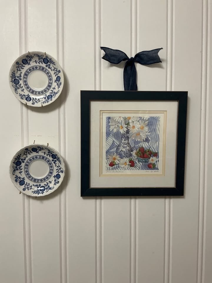 Vintage Blue & White Framed Daisies With Strawberries Amelia Rose Smith Signed