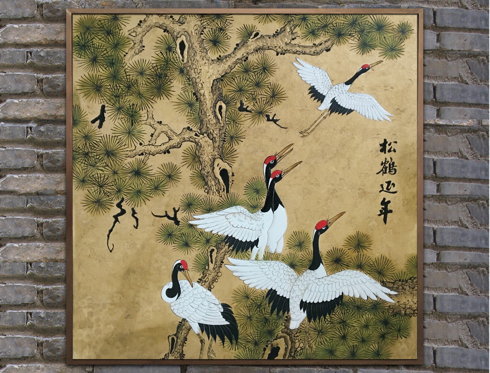 Oil painting,Cranes painting,Gold leaf painting,Chinese lacquer painting,framed