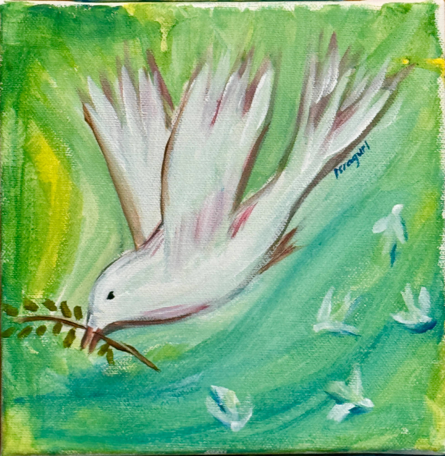 Doves of Peace Colorful Acrylic Painting on Canvas, 8″x 8″ Signed Original