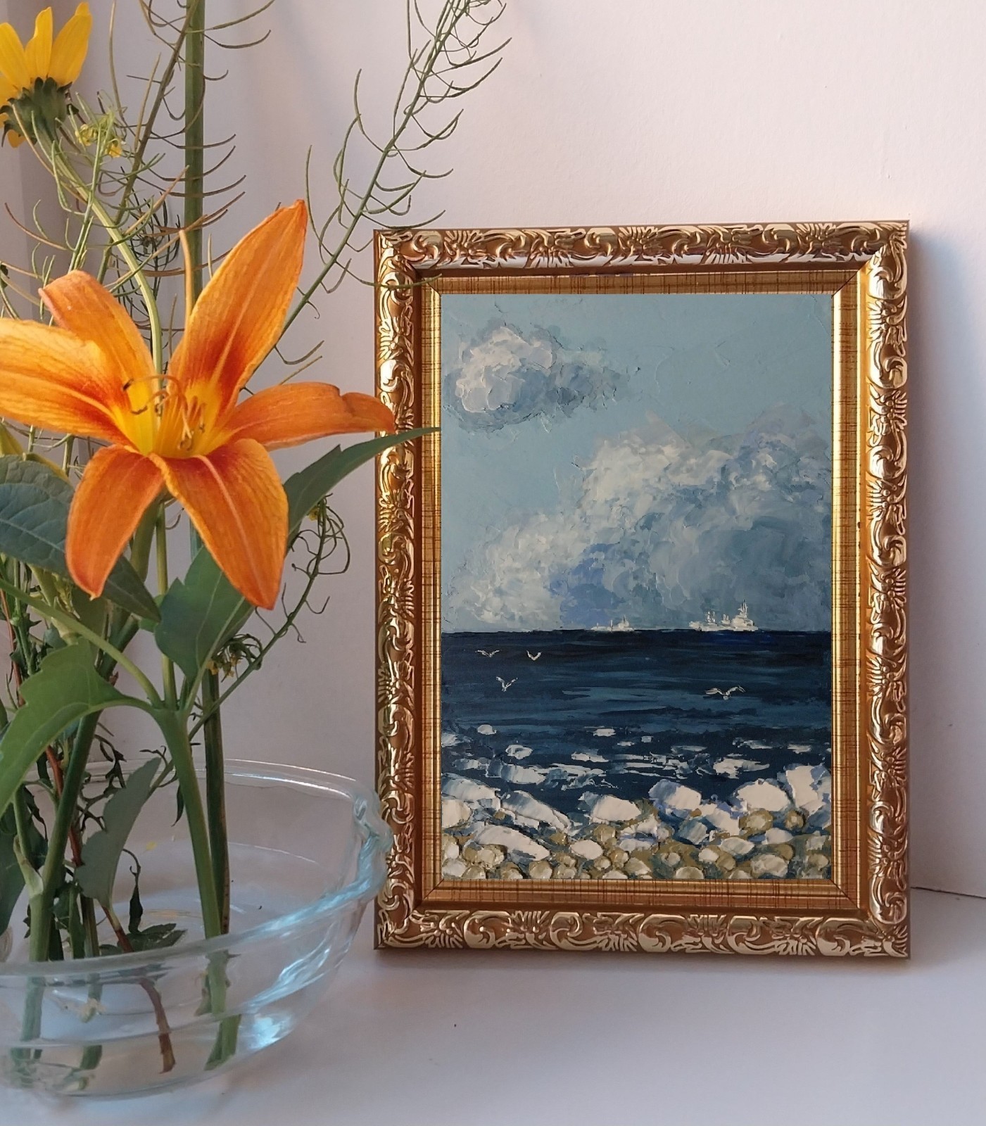 Framed Cloudy Sky Seascape Ships Winter Seashore Art 4×6” Original Oil Painting