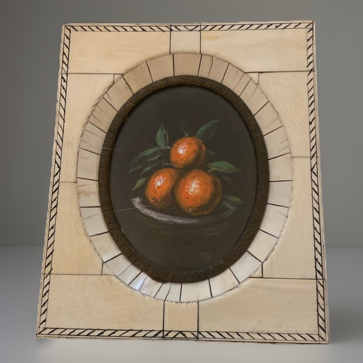 Vntg Still life ORIGINAL OIL PAINTING Clementine Oranges Small Stone Frame