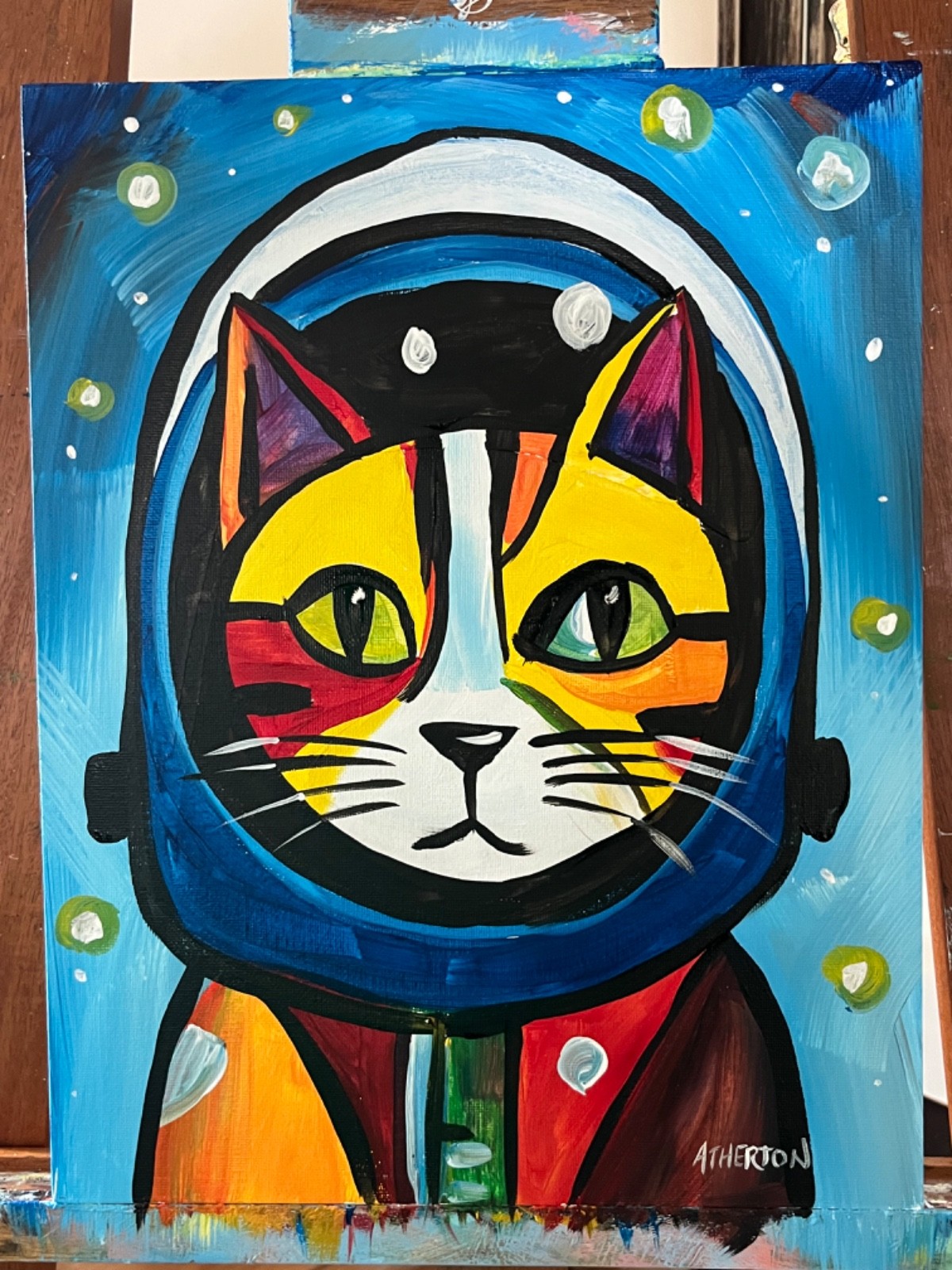 Atherton 11×14 Original Expressionism Acrylic Painting «Cosmo CAT» hand signed