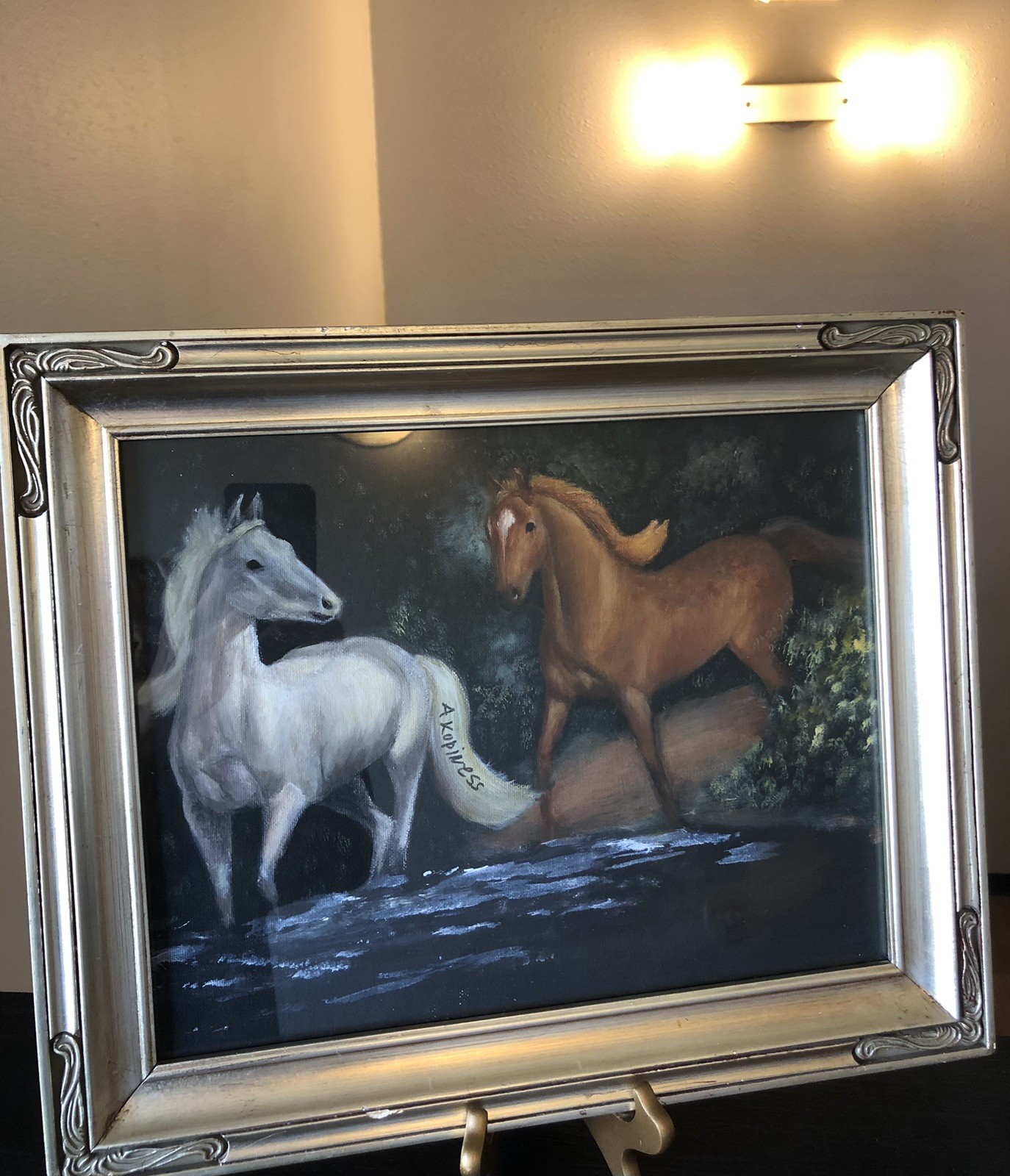VTG Original Signed Oil On Canvas Painting Two Horses Wading In Water Framed 17”