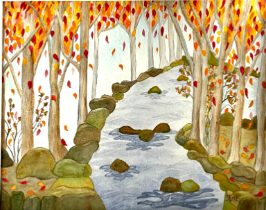 PAINTING WATERCOLOR 11X14 & MAT 16X20 TREES AUTUMN STREAM LANDSCAPE ORIGINAL ART