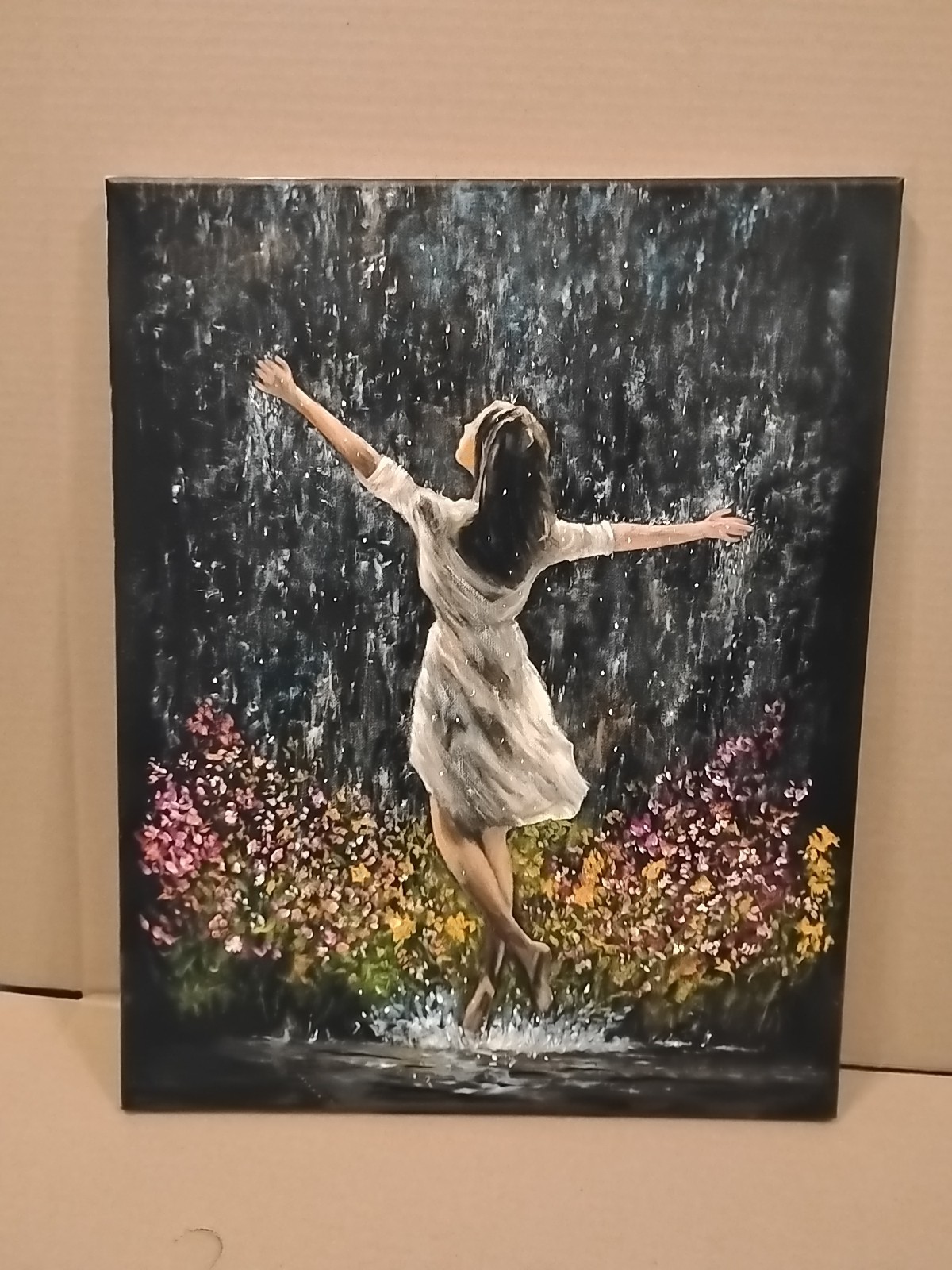 16×20 Original Joyful Whimsical Oil Painting 🎨 Girl Dancing In The Rain