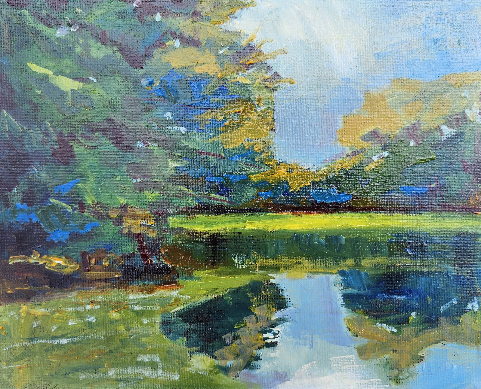Orig Oil Painting Lakeside Silence Padmaja Madhu Lake Reflection Peaceful 8×10