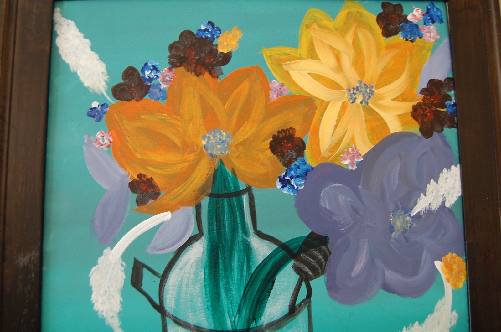 ORIGINAL FRAMED ACRYLIC MODERN ABSTRACT PAINTING OF FLOWERS ON VASE A STILL LIFE