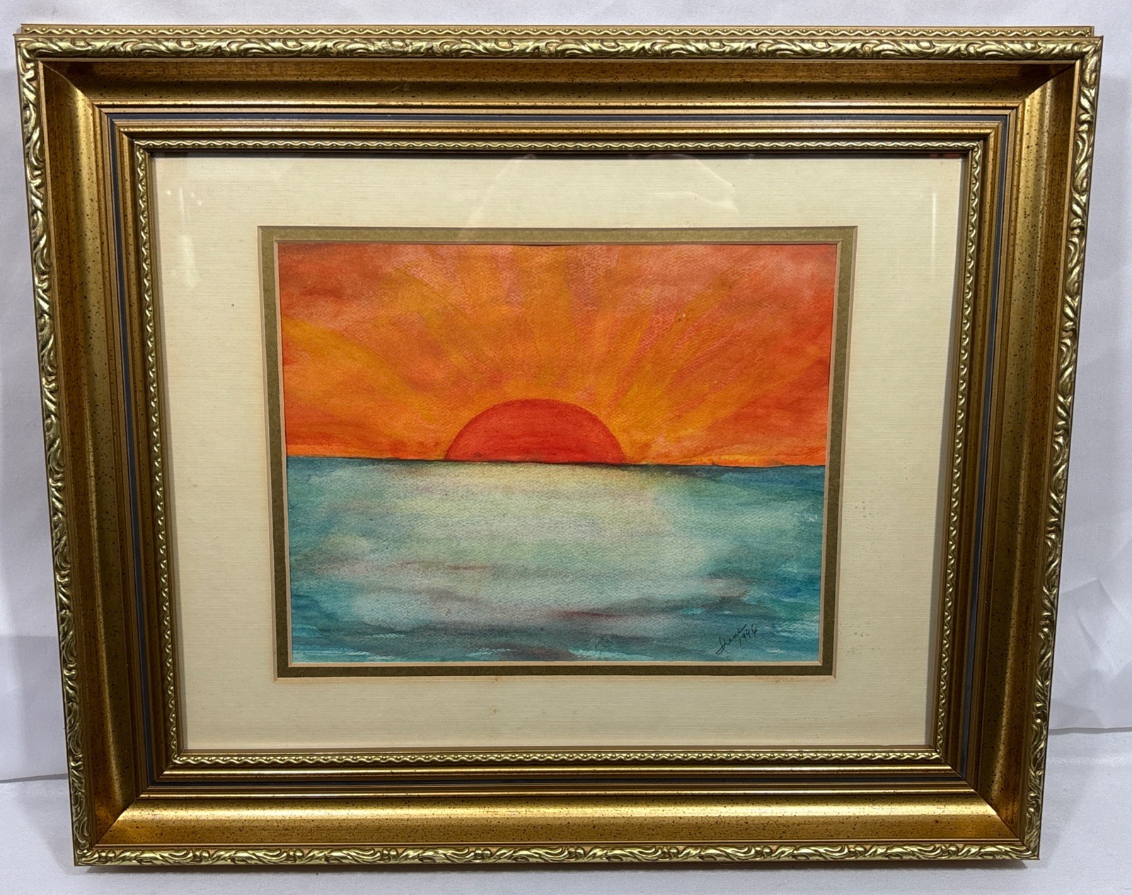 Vintage Original 1996 Rene Ocean Sunset Watercolor Painting Signed Framed