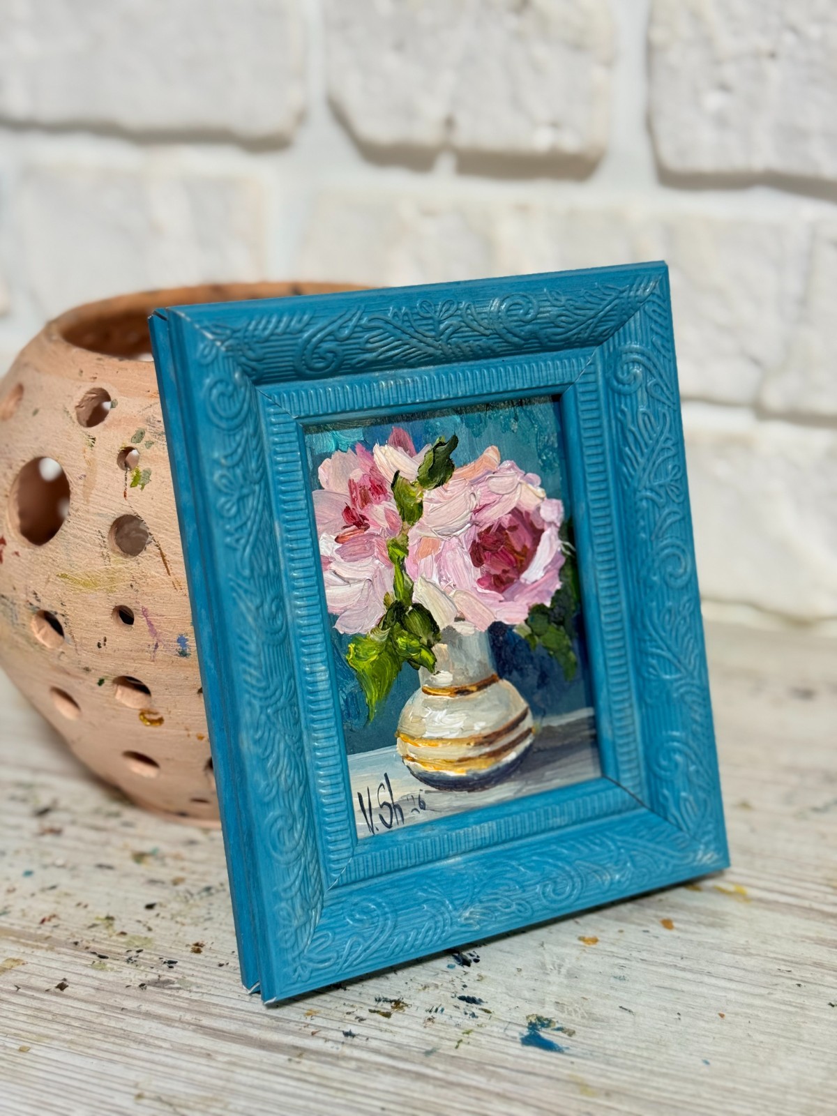 Original Oil Painting Pink Peonies Flowers Still life Vase Art Framed 4×5 in