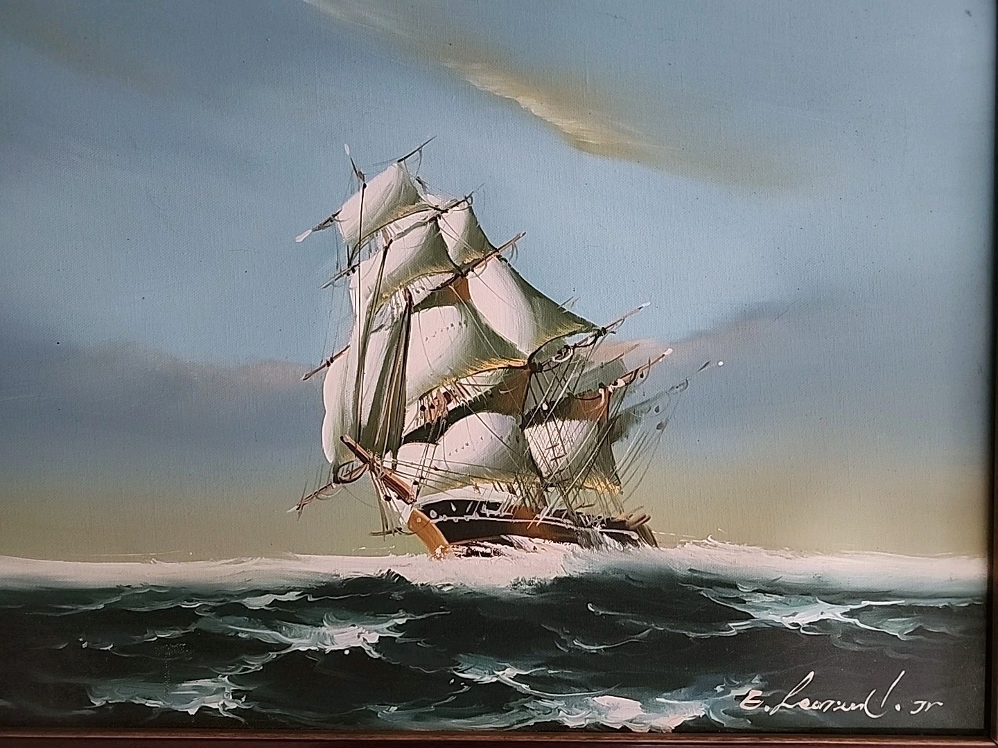 E. Leonard Jr. Naval Sailing Ship Signed Original Painting Framed Canvas