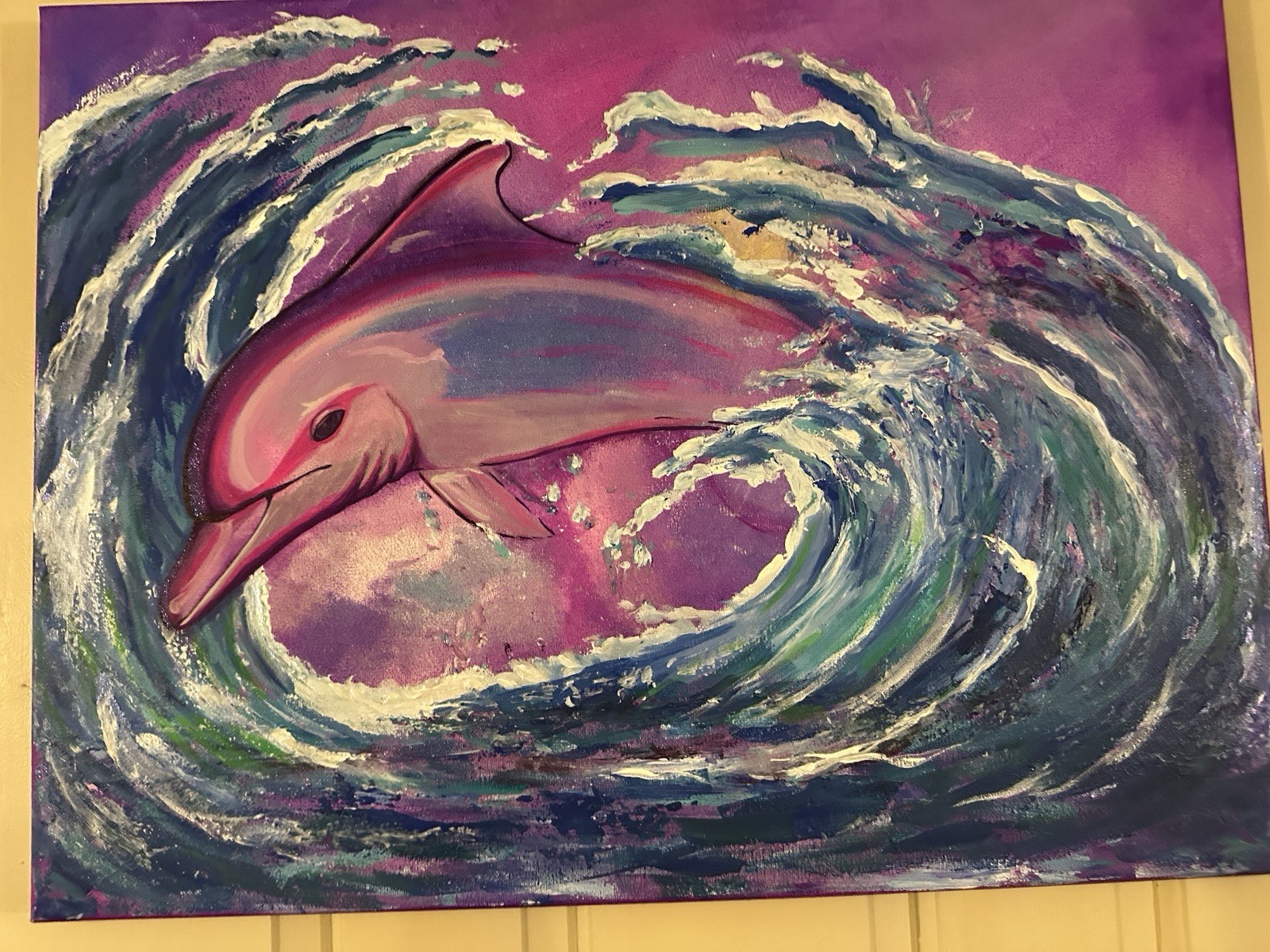 Neon Tide Dream – Original Acrylic Dolphin Painting – Lisa Frank Inspired 16×20