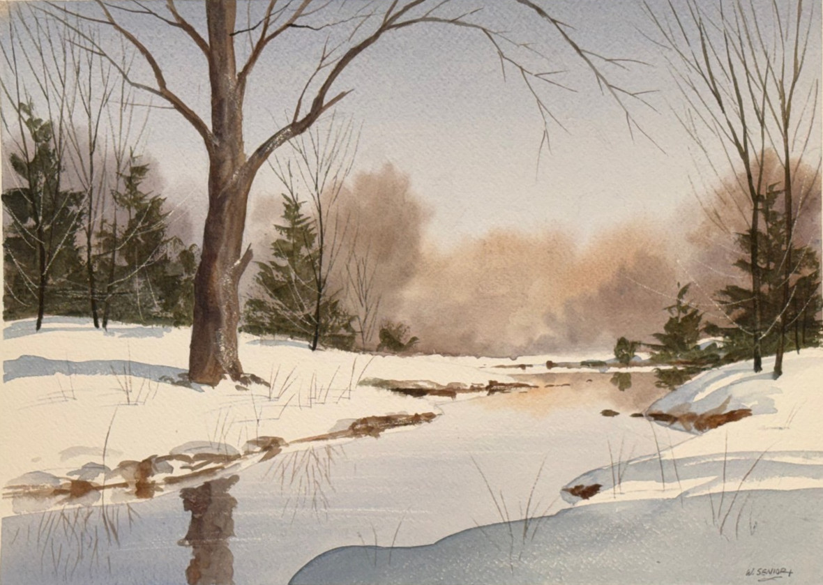 Snowy Landscape with Stream-13 x 18 W/C Painting-William Senior (1953-2024)