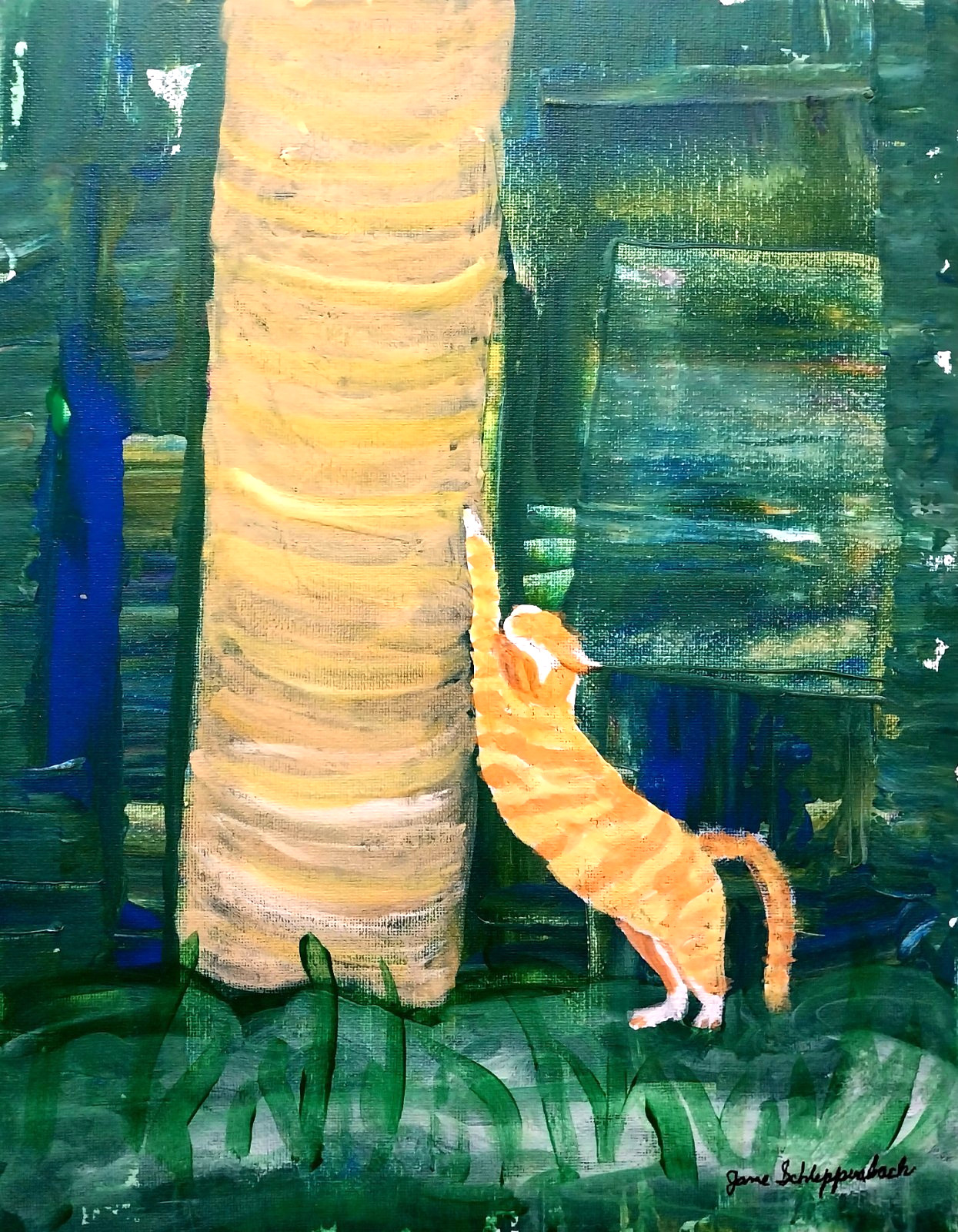 Modern Expressionism Signed Original 11×14 Art Canvas Cat Stretching Tree COA NR
