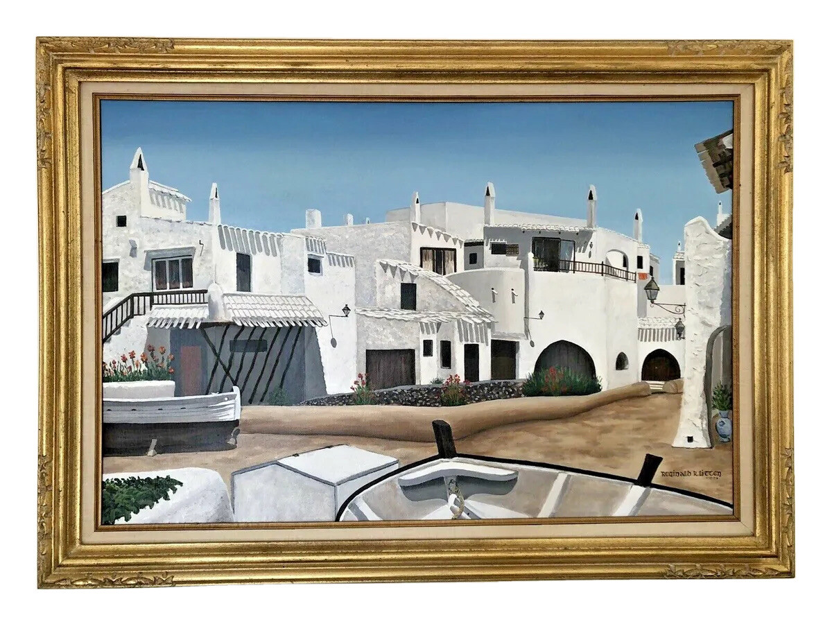 XL Vintage 70s MID-CENTURY Original ACRYLIC PAINTING Mediterranean SEASCAPE Art