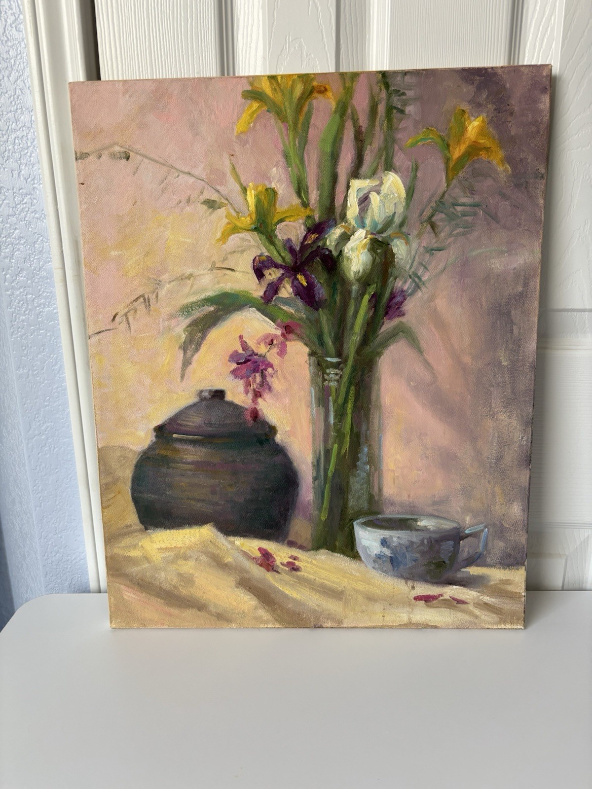 Original Floral Still Life Painting Iris Flowers Vase Cup 20×16 Canvas Art