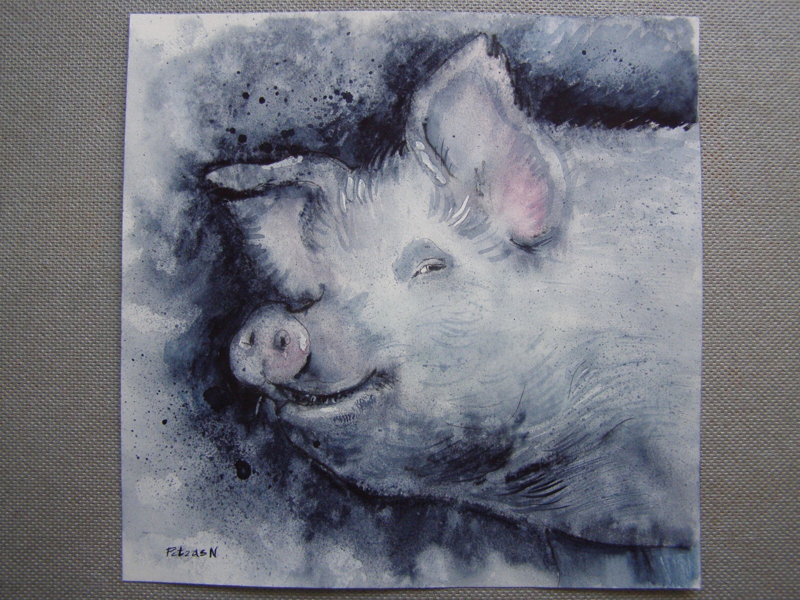 PIG Animals Original Watercolor Acrylic Painting Art By Artist