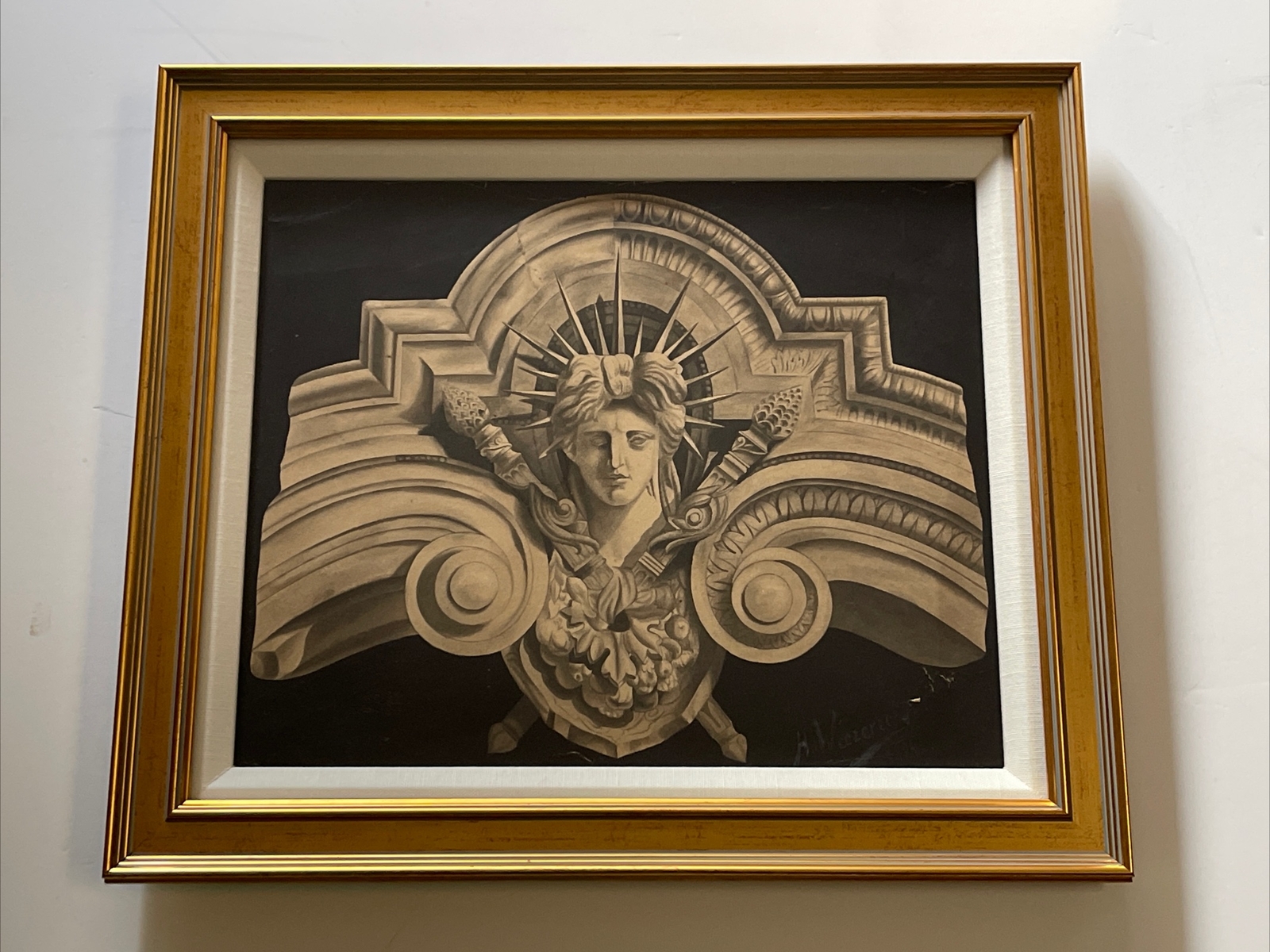 ANTIQUE Drawing Painting Illustration Liberty Statue Architectural Masterful