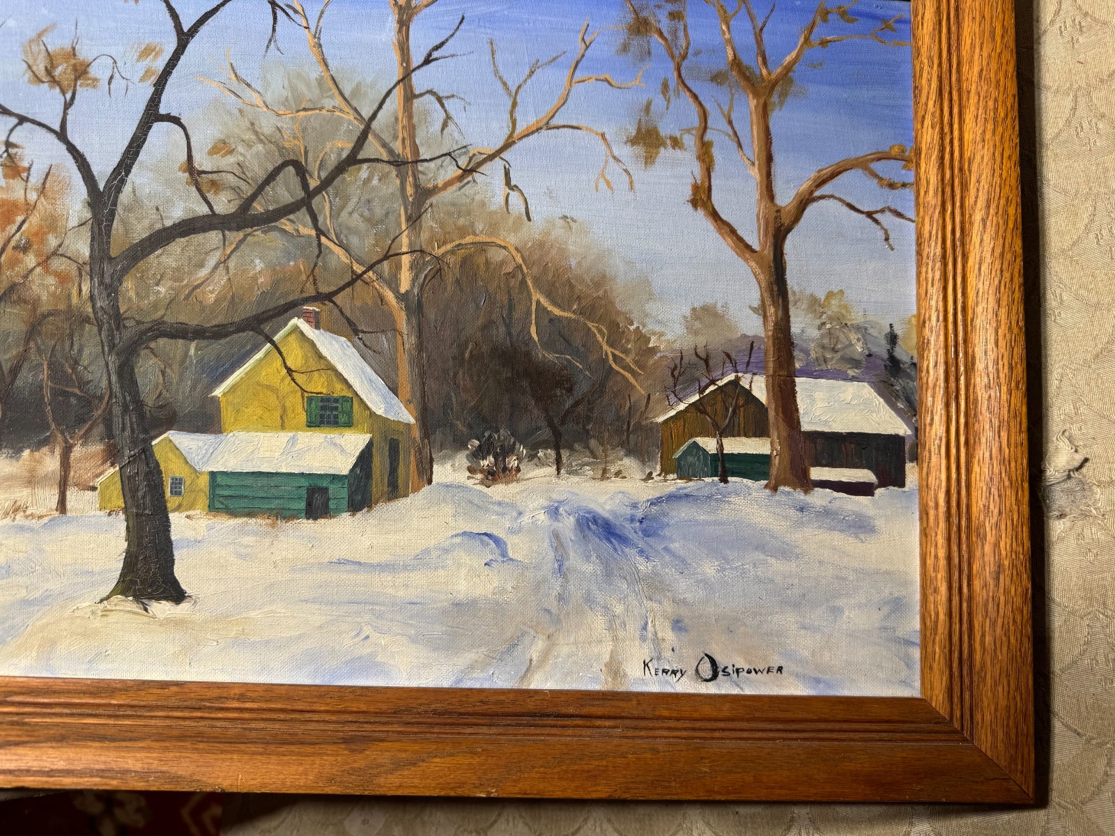 Kerry Osipower «Winter Landscape With Homes Scene» Oil Painting – Signed/Framed