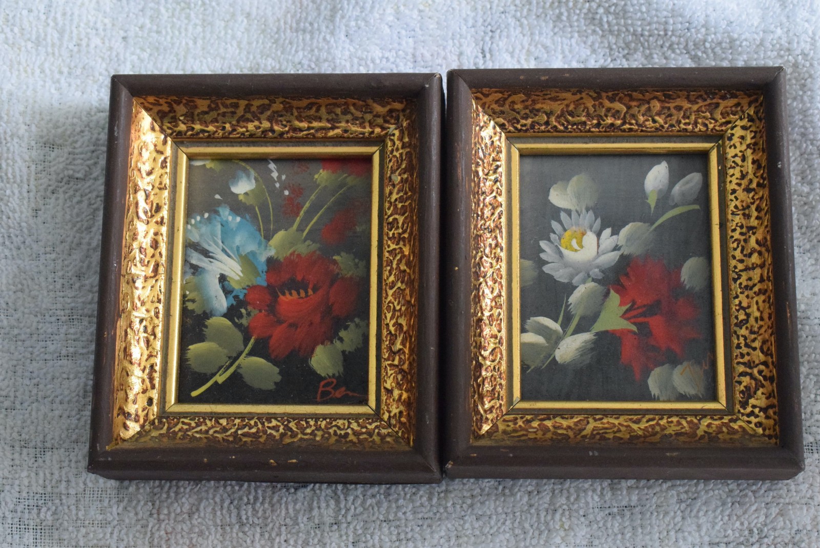 4 VTG Verilyn Gallery Signed Art, Hand-Painted Flowers Gold Frames 3×3.75, SPAIN