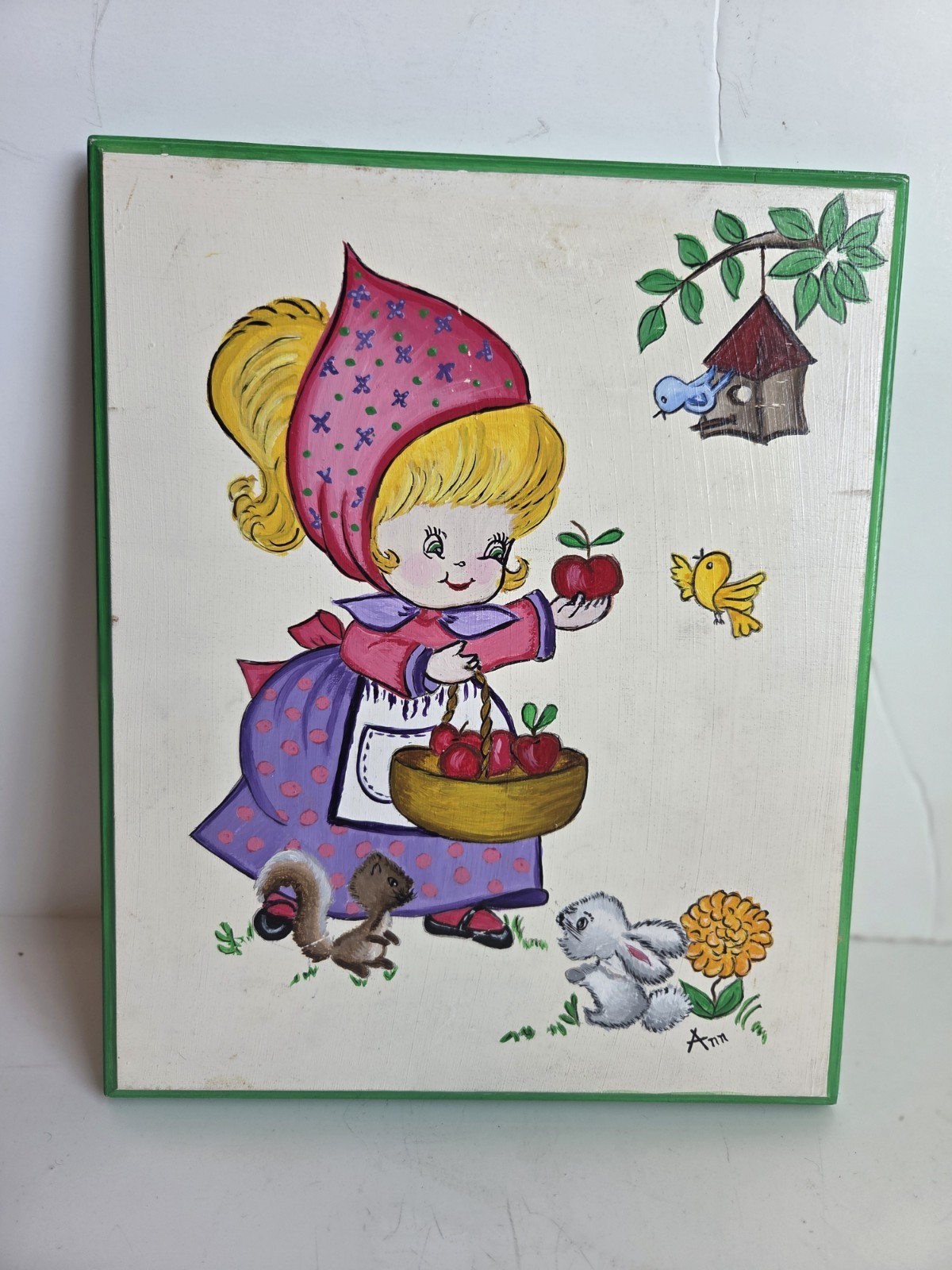Vntg Art Cartoon Girl Bunny & Birds Tabby Cute Girls Room Nursery Acrylic Wood