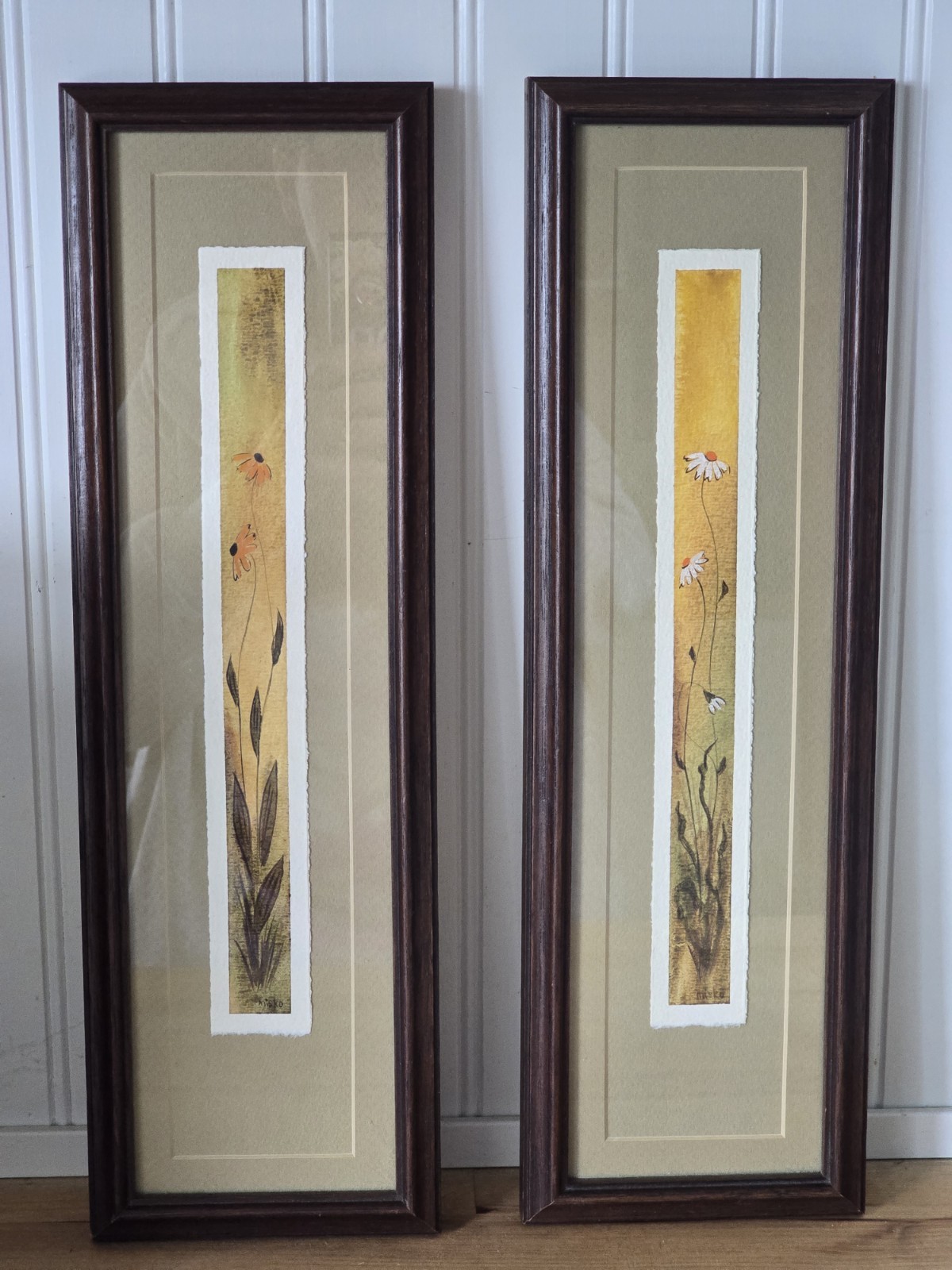MCM Pair of Watercolor & Pen Artwork Flowers Signed Misko, Artist Vera Willis