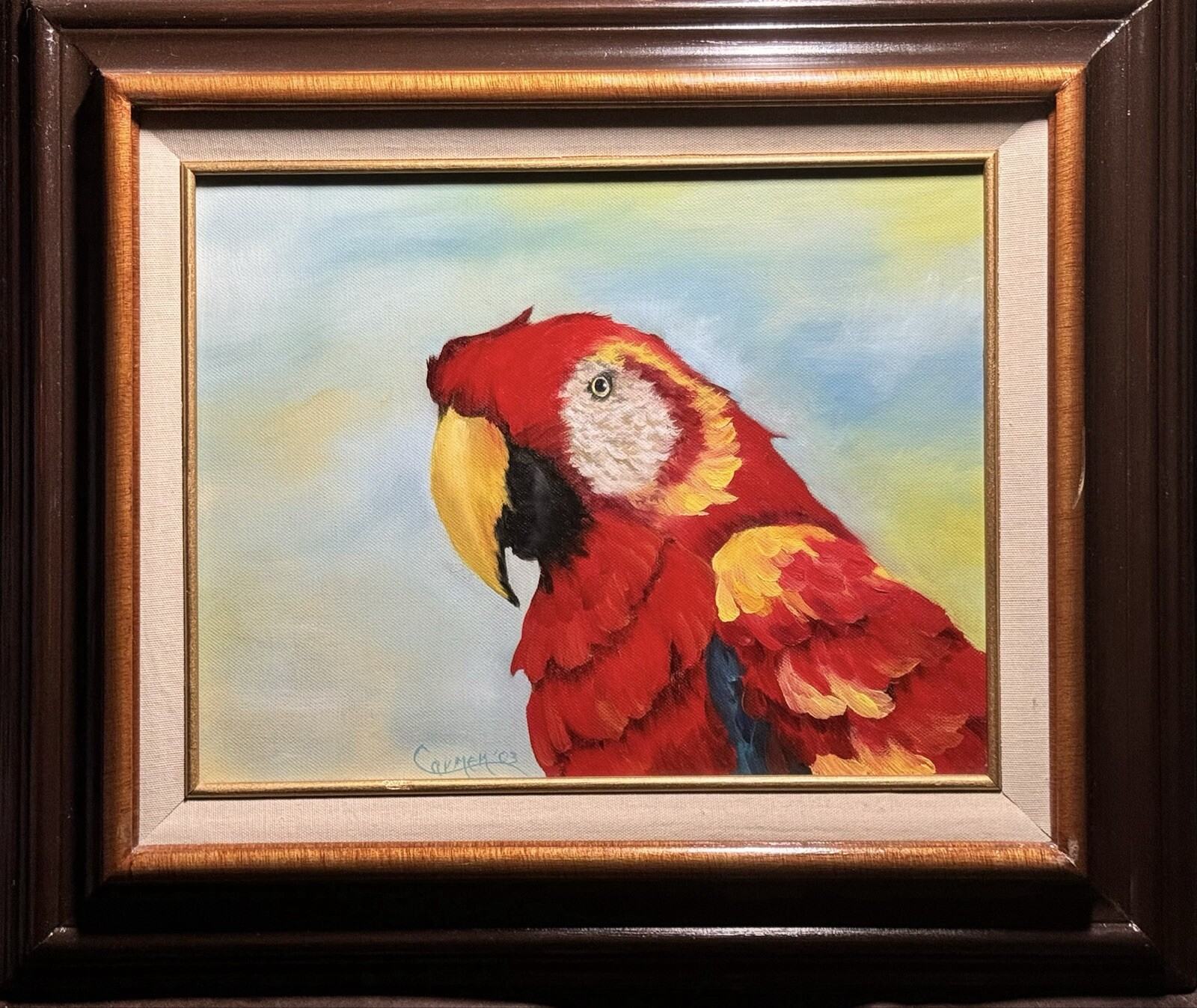 Red Parrot ,original oil painting 11”x15”, Framed 18”x21, Signed CARMEN, REALISM