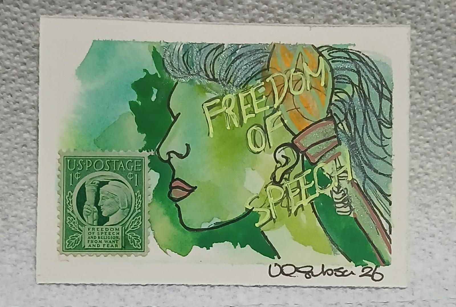 1¢ Freedom of Speech Postal Whimsy OOAK ACEO Watercolor Scribble by Virginia
