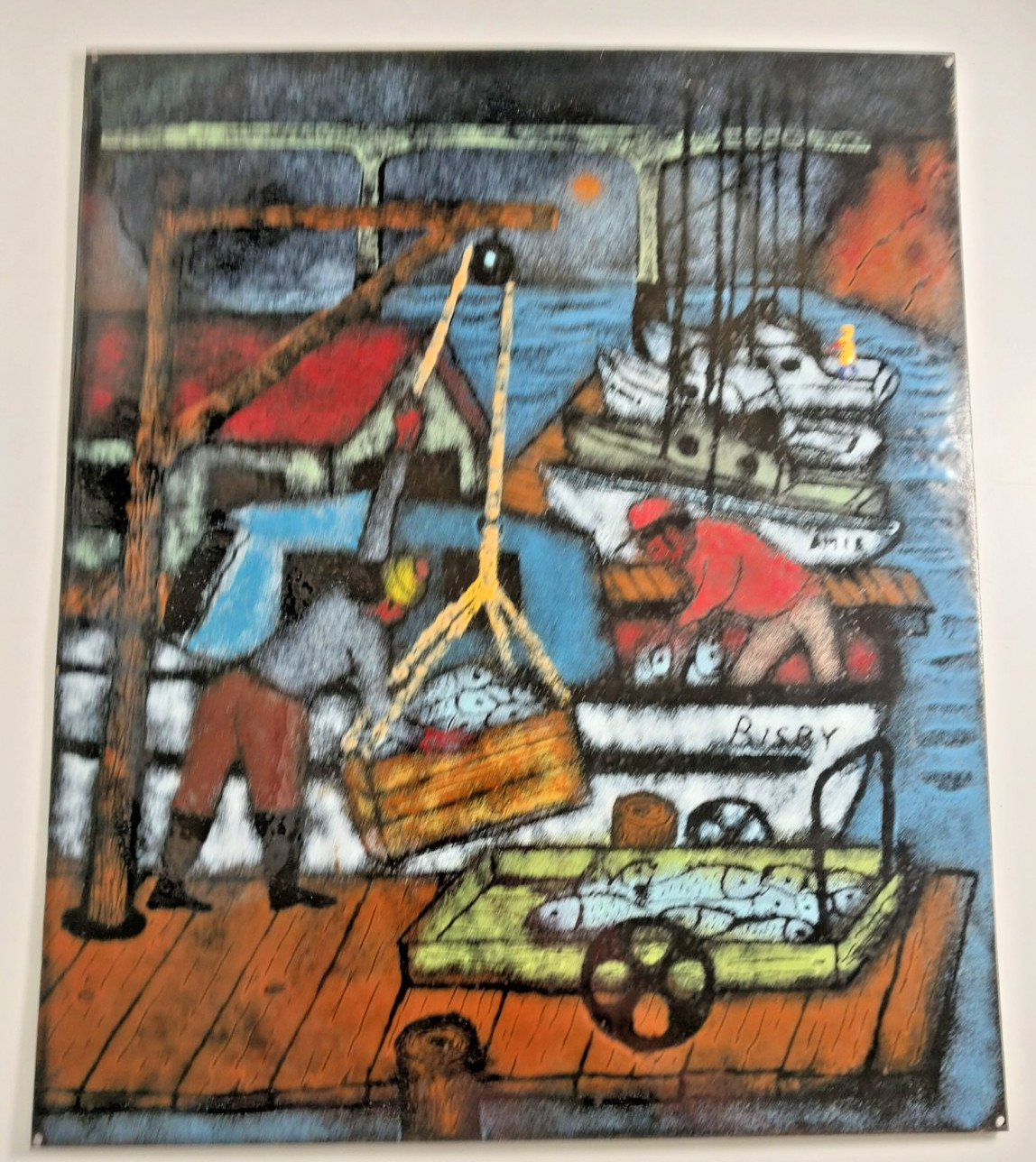 VIntage Enamel on sheet Metal Painting Fishermen Unloading Catch by Bridge Bisby