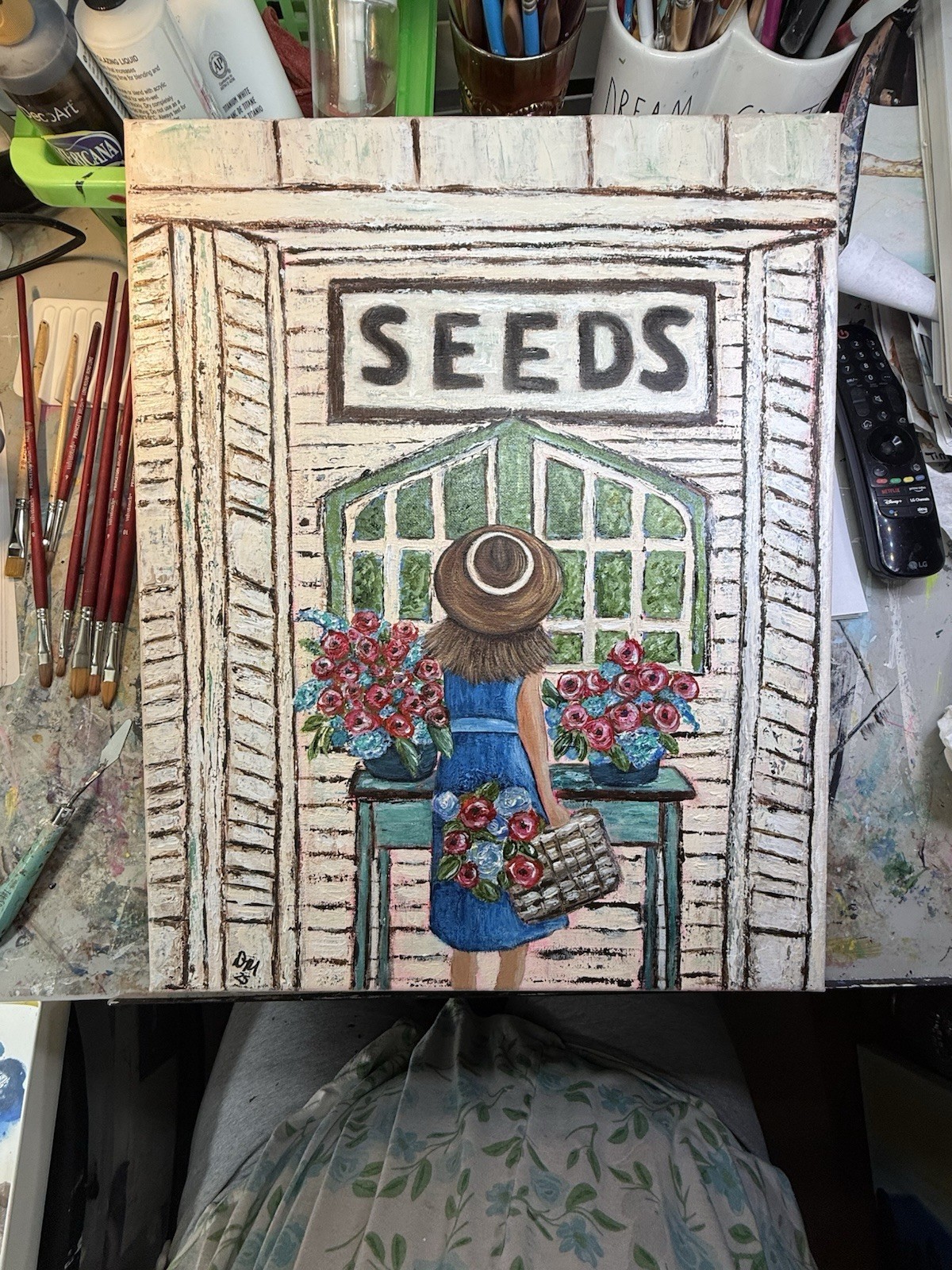 Original Folk Art Painting «Seeds» Flower Shop – Whimsical Farmhouse Wall Decor