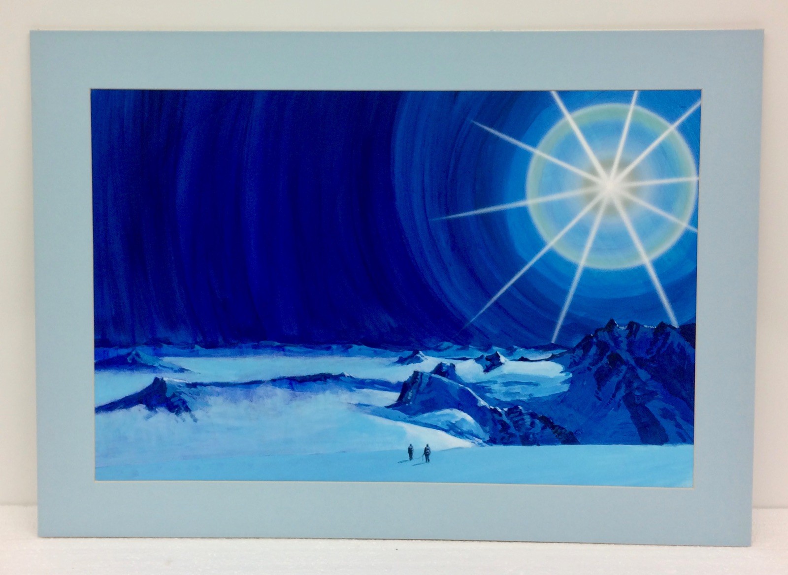 Original 16×25″ Dark Blue Arctic Ice Expedition Mountain & Solar Scene Painting