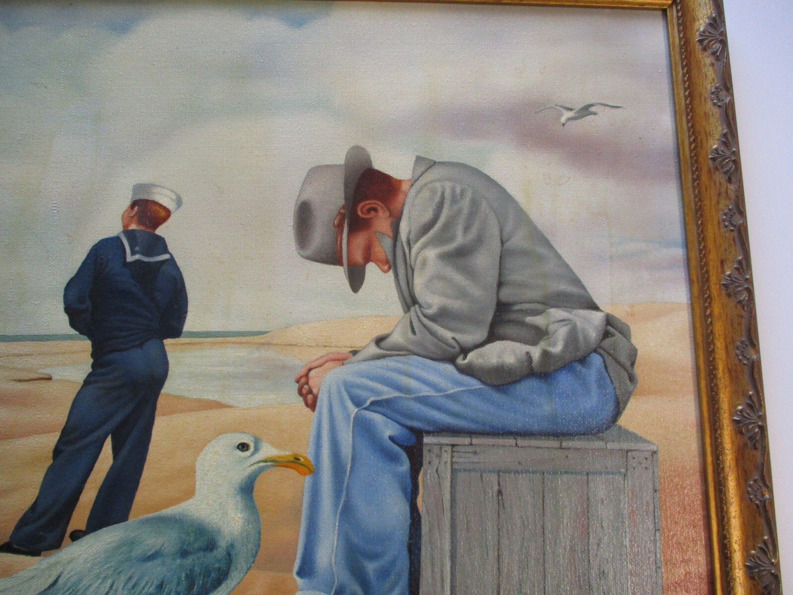 VINTAGE REGIONALISM PAINTING WPA STYLE BEACH JAPANESE CANVAS AMERICAN PORTRAIT