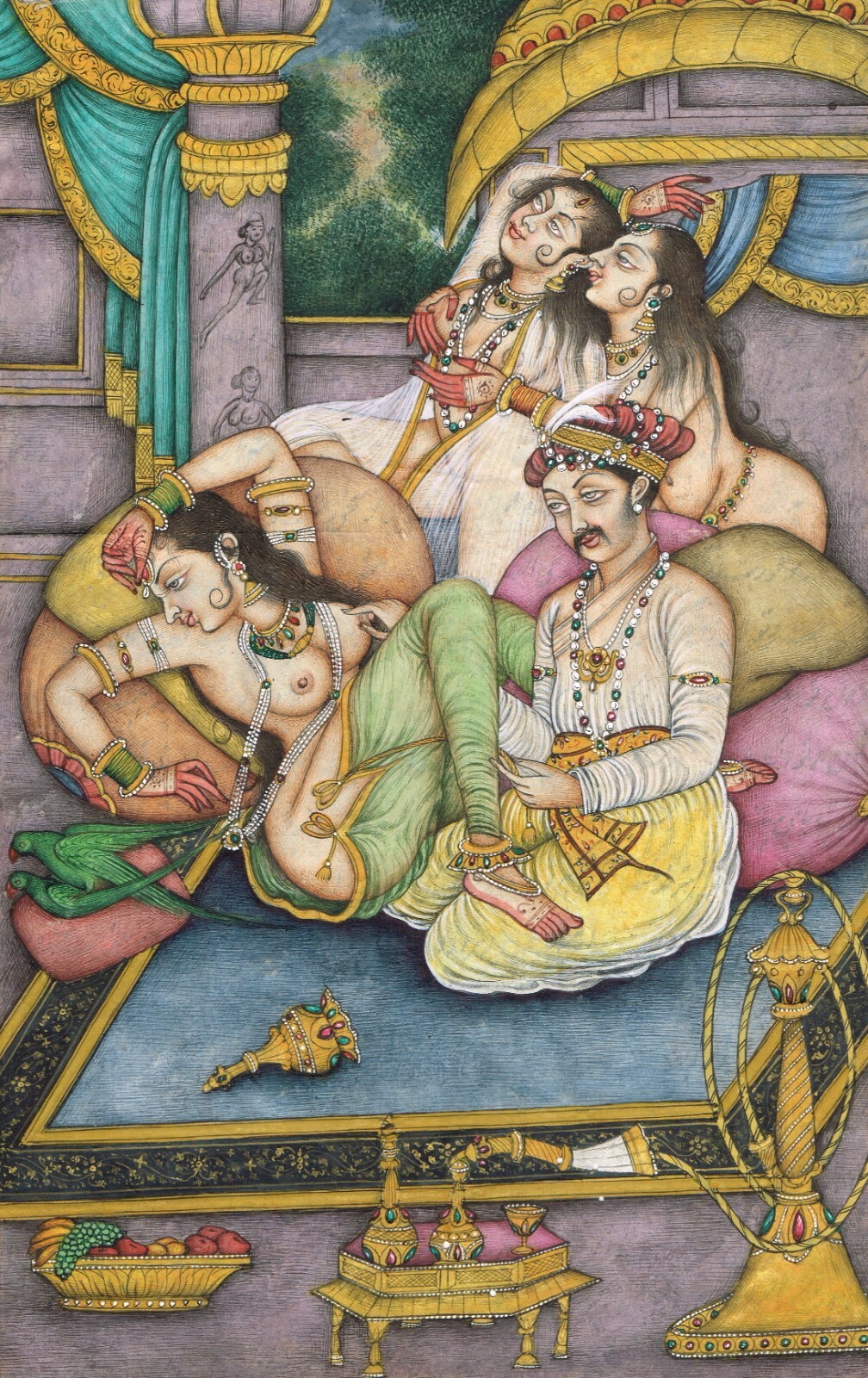 Mughal Harem Art Indian Painting A Mughal King With Women Love 8.25×13.5 Inches