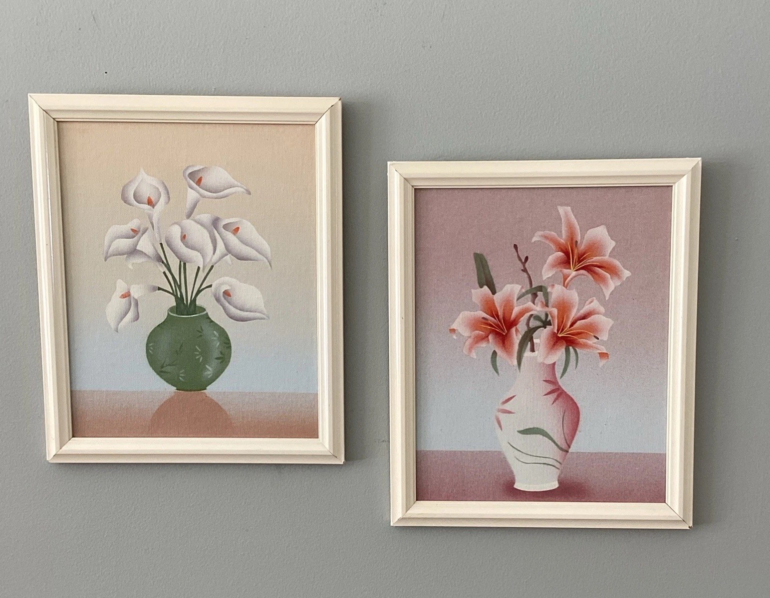 2 Vintage Framed Art Floral Still Life Painting Tiger & Peace Lily Set of 2